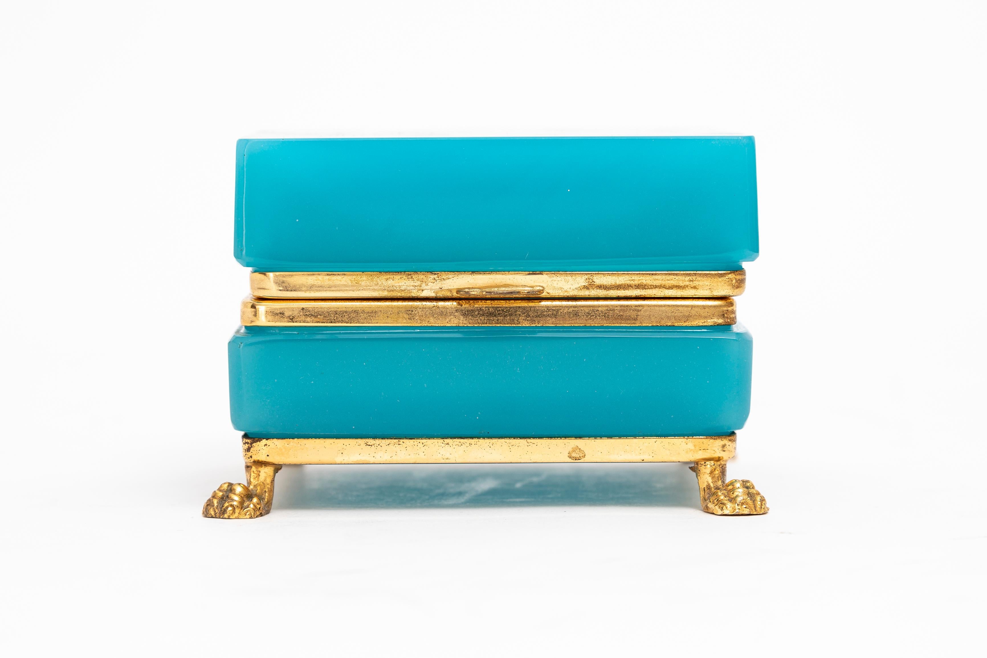 Louis XVI French Mid-Century Mod. Blue Opaline & Dore Bronze Footed Jewel-Box/Tea-Caddy For Sale