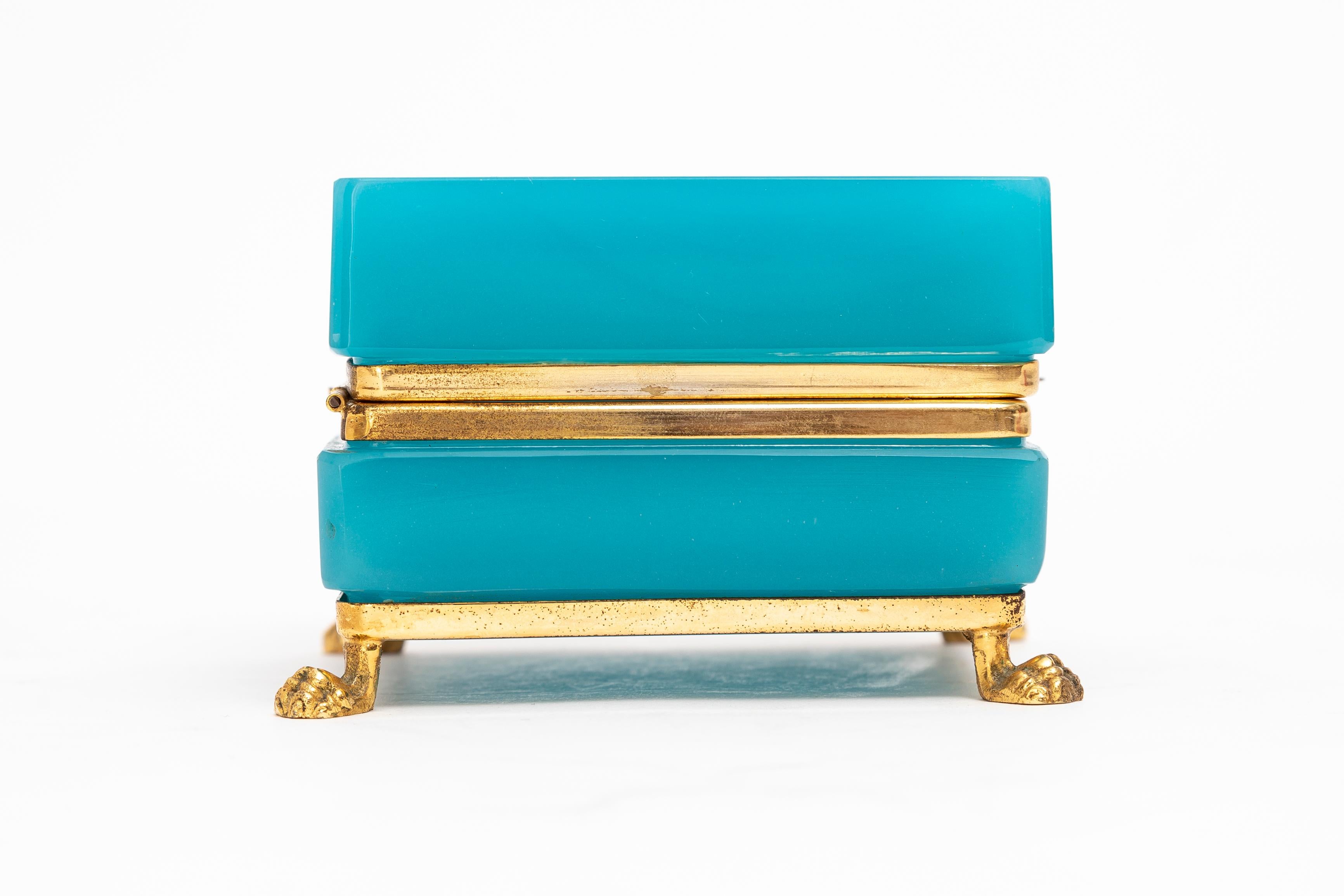 Polished French Mid-Century Mod. Blue Opaline & Dore Bronze Footed Jewel-Box/Tea-Caddy For Sale