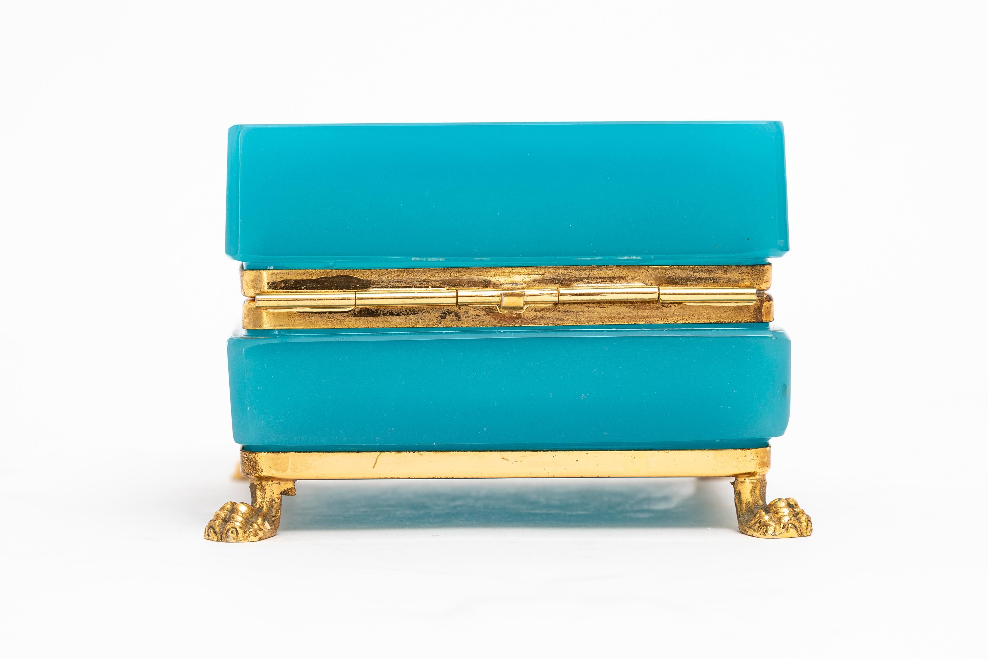 French Mid-Century Mod. Blue Opaline & Dore Bronze Footed Jewel-Box/Tea-Caddy In Good Condition For Sale In New York, NY
