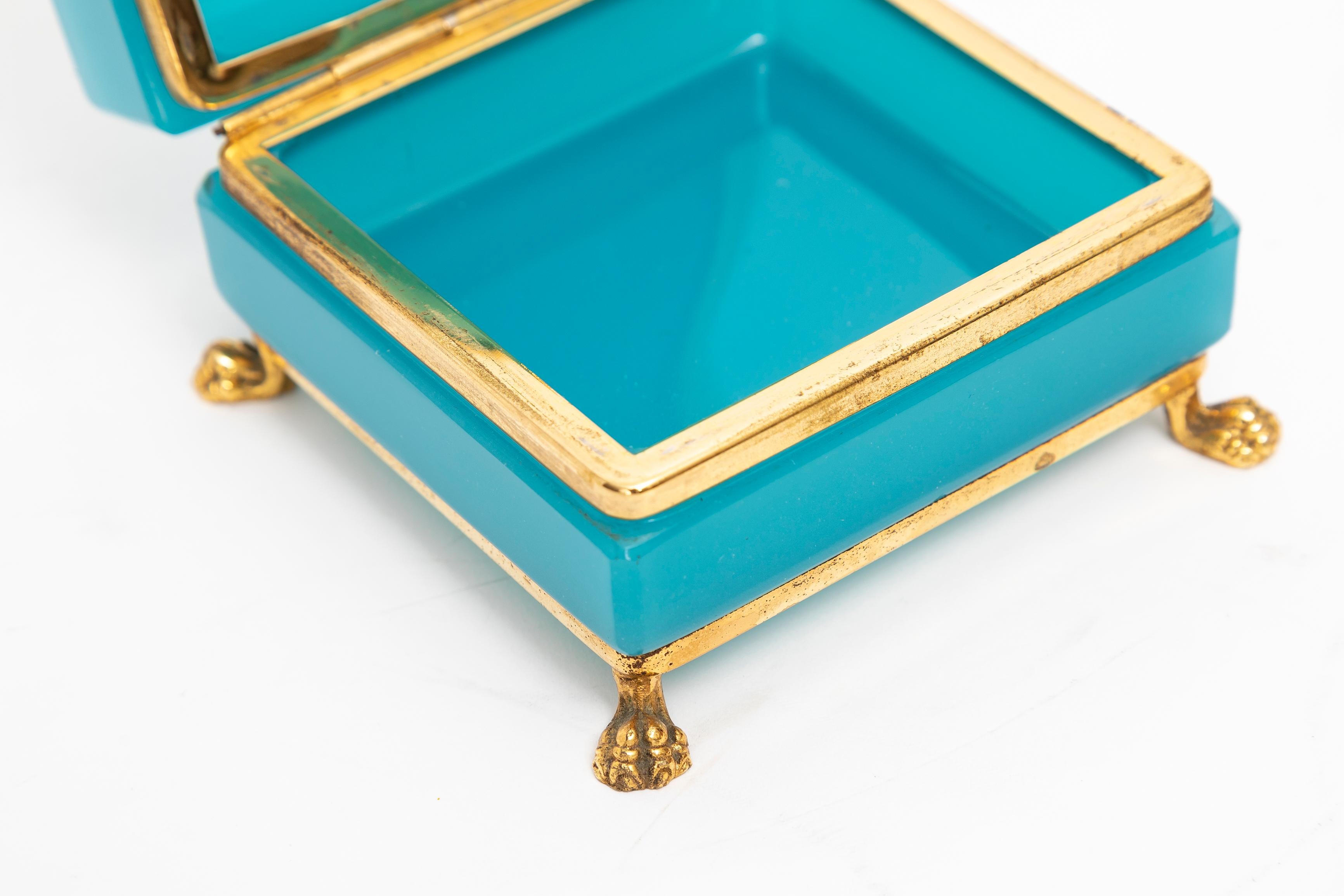 Opaline Glass French Mid-Century Mod. Blue Opaline & Dore Bronze Footed Jewel-Box/Tea-Caddy For Sale