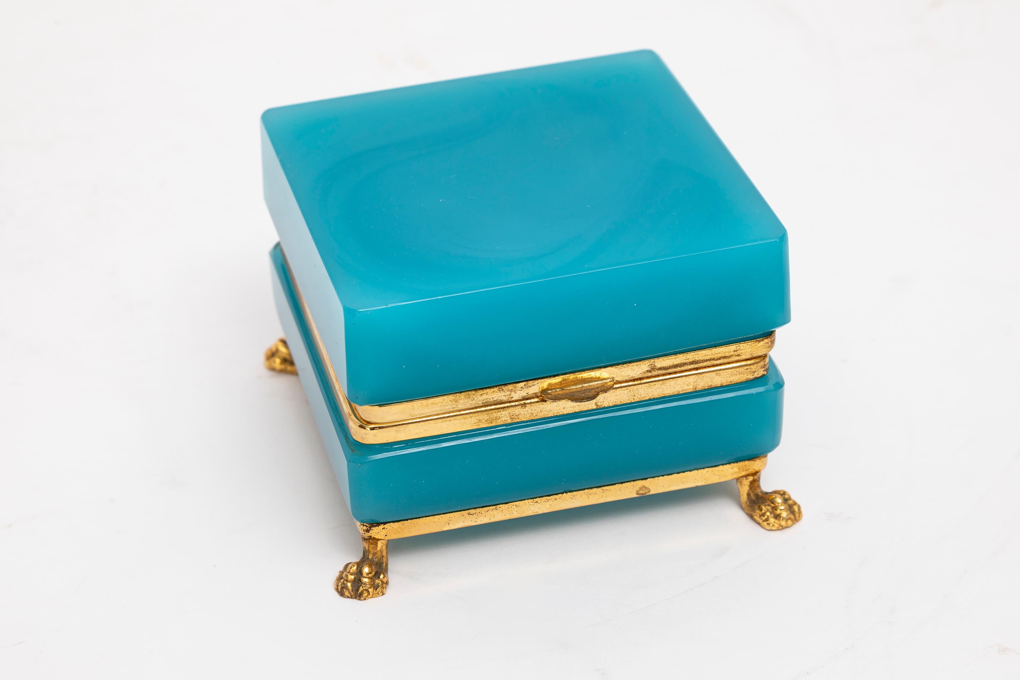 French Mid-Century Mod. Blue Opaline & Dore Bronze Footed Jewel-Box/Tea-Caddy For Sale 2
