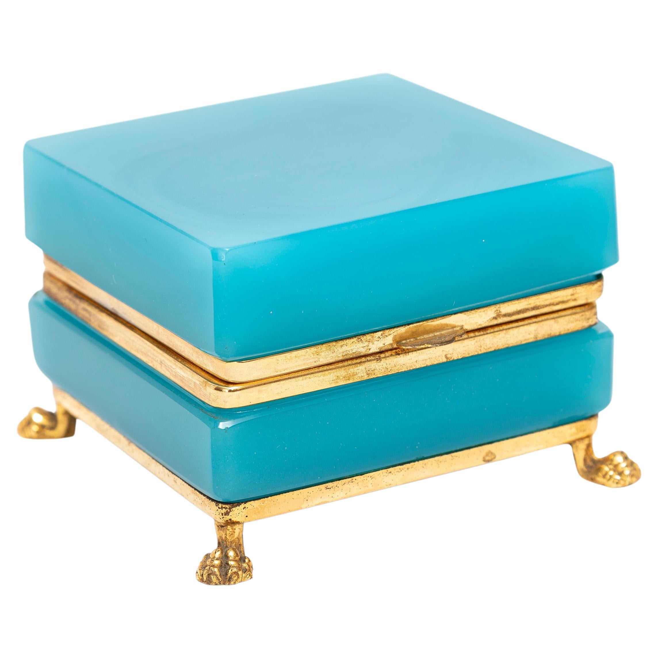 French Mid-Century Mod. Blue Opaline & Dore Bronze Footed Jewel-Box/Tea-Caddy
