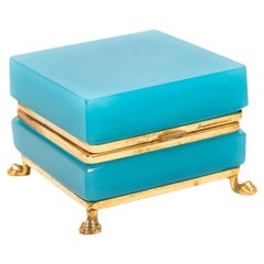 Vintage French Mid-Century Mod. Blue Opaline & Dore Bronze Footed Jewel-Box/Tea-Caddy