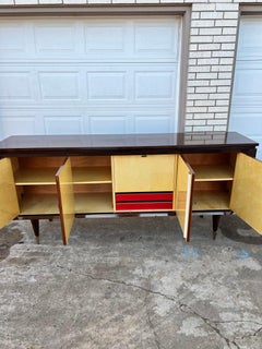 French Mid-Century Modern 1960's Dark Mahogany / Light Burl Mahogany Sideboard