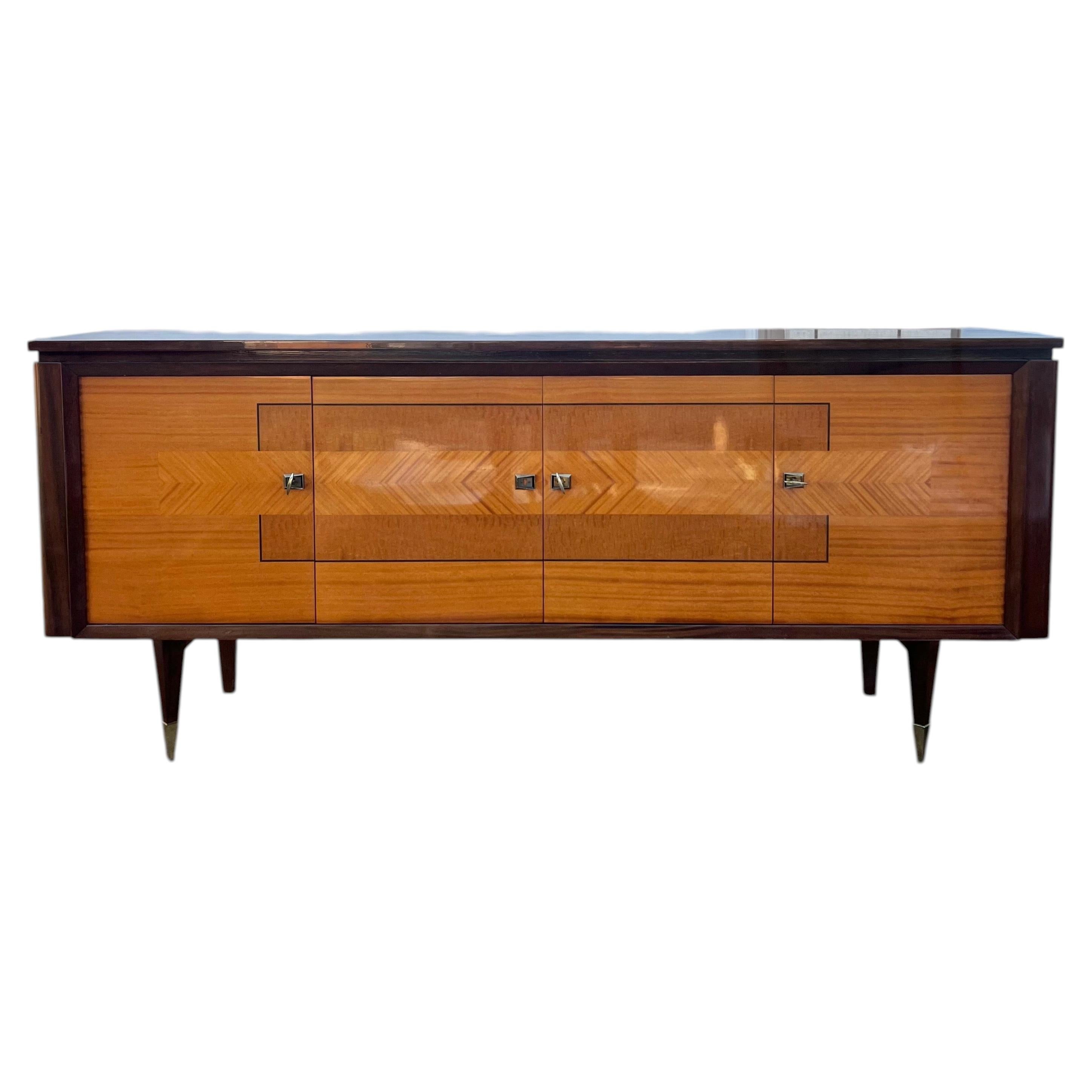 French Mid-Century Modern 1960's Dark Mahogany / Light Burl Mahogany Sideboard For Sale
