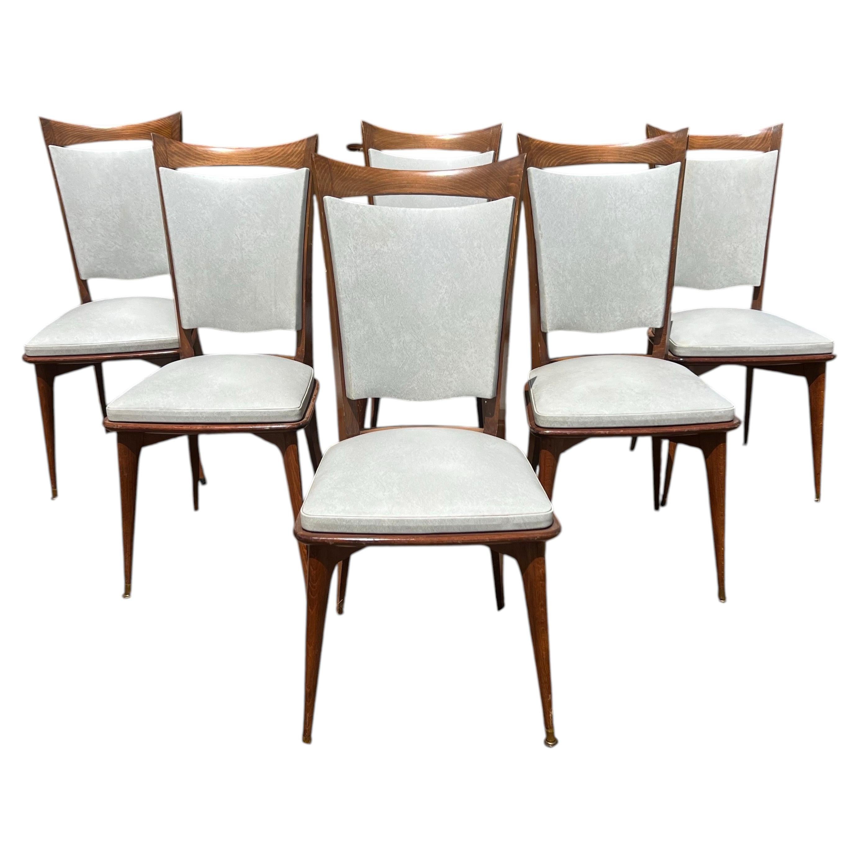 French Mid-Century Modern 1960's Walnut Dining Chairs - Set of 6