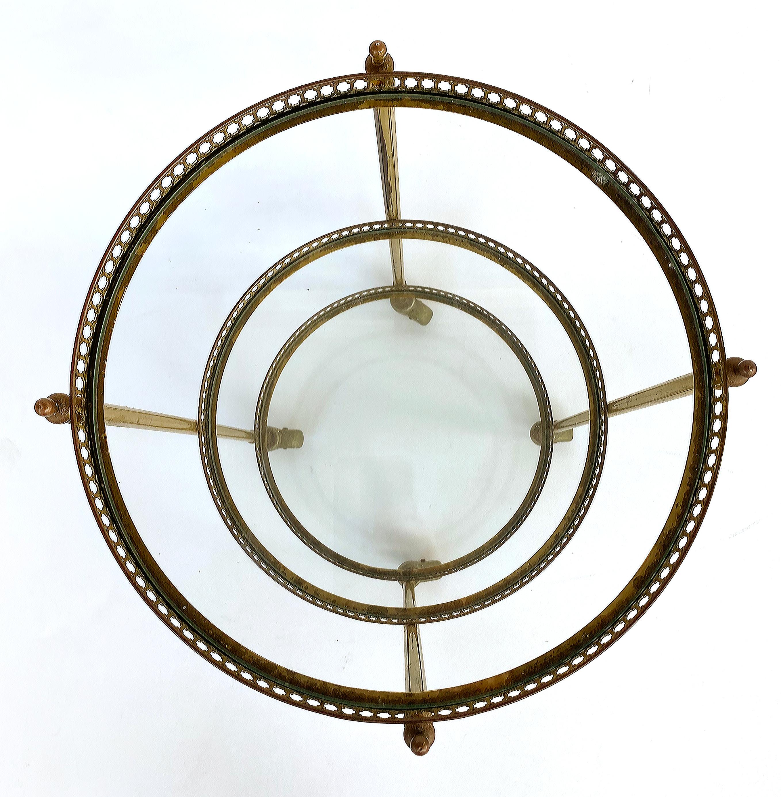 Plated French Mid-century Modern 3-Tiered Brass and Glass Table on Casters For Sale