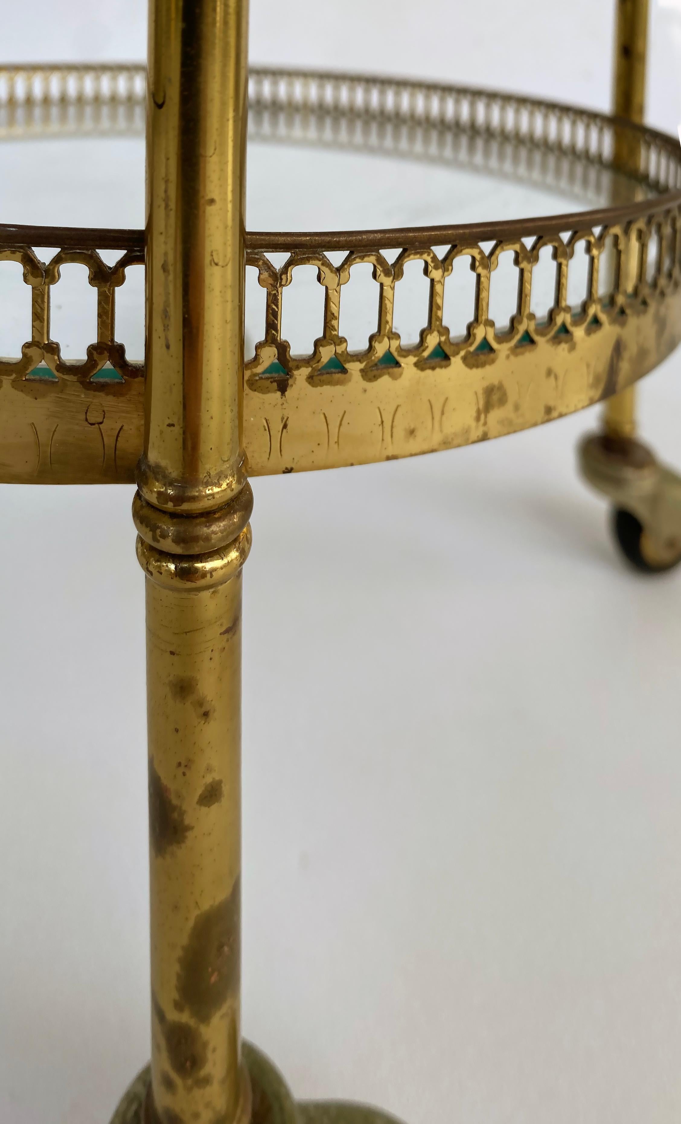 French Mid-century Modern 3-Tiered Brass and Glass Table on Casters In Good Condition For Sale In Miami, FL