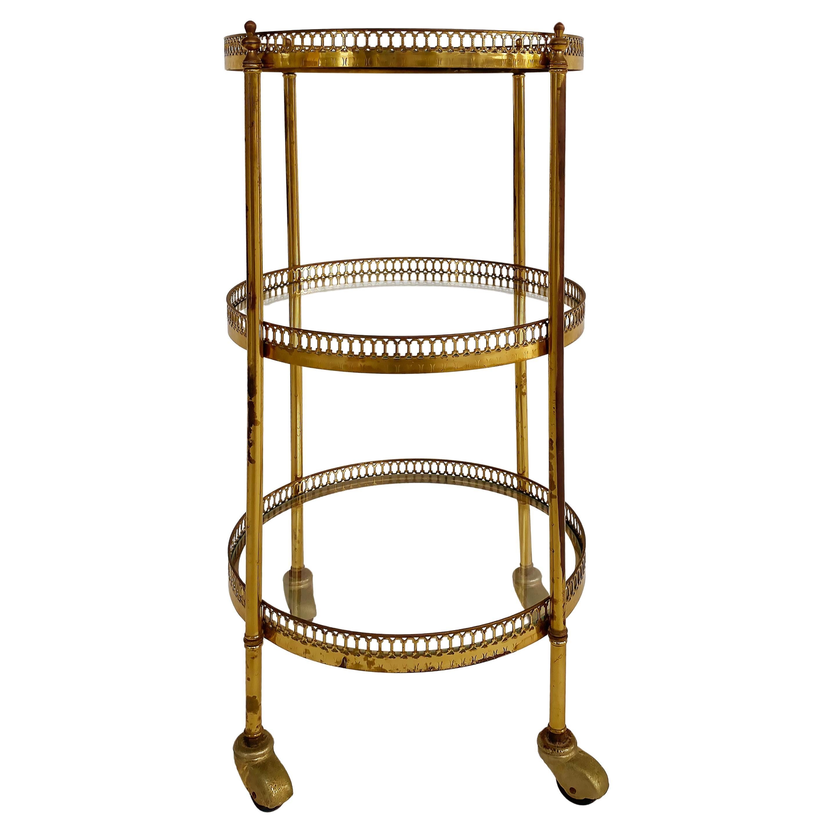 French Mid-century Modern 3-Tiered Brass and Glass Table on Casters