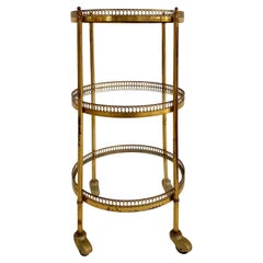 Used French Mid-century Modern 3-Tiered Brass and Glass Table on Casters