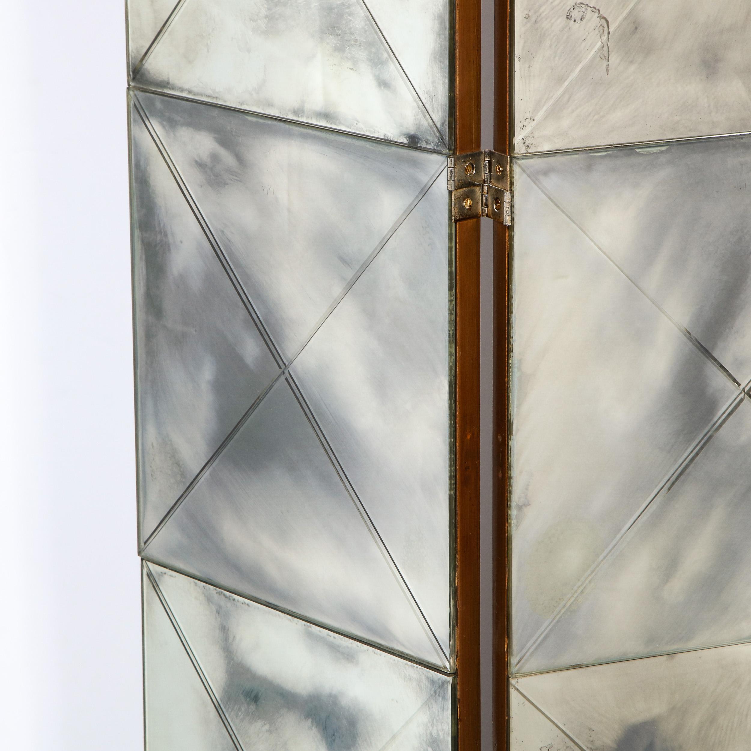 Mid-Century Modern French Mid Century Modern 4 Panel Walnut & Antiqued Tessellated Mirrored Screen