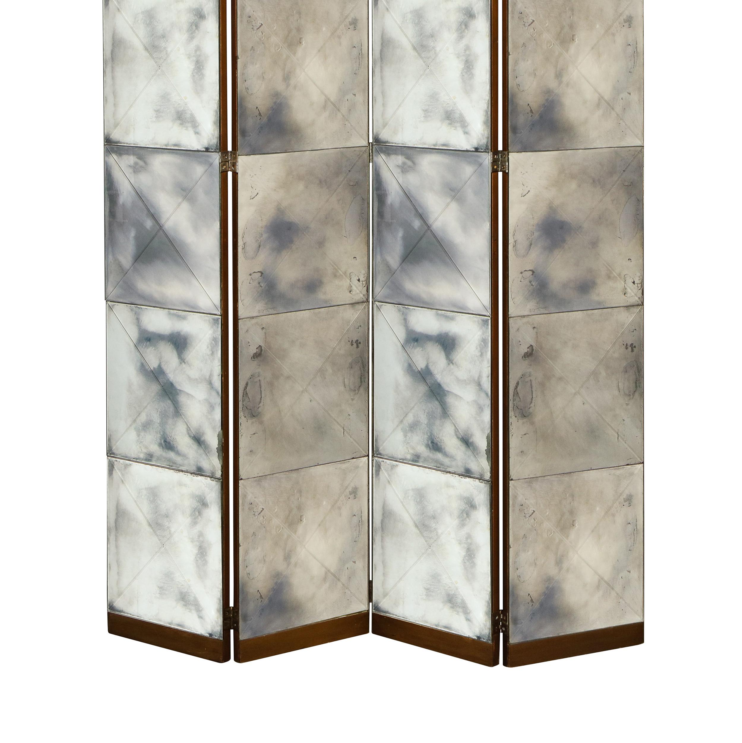 Mid-20th Century French Mid Century Modern 4 Panel Walnut & Antiqued Tessellated Mirrored Screen