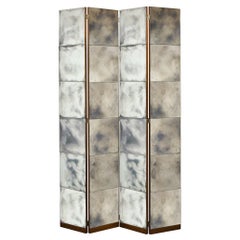 French Mid Century Modern 4 Panel Walnut & Antiqued Tessellated Mirrored Screen