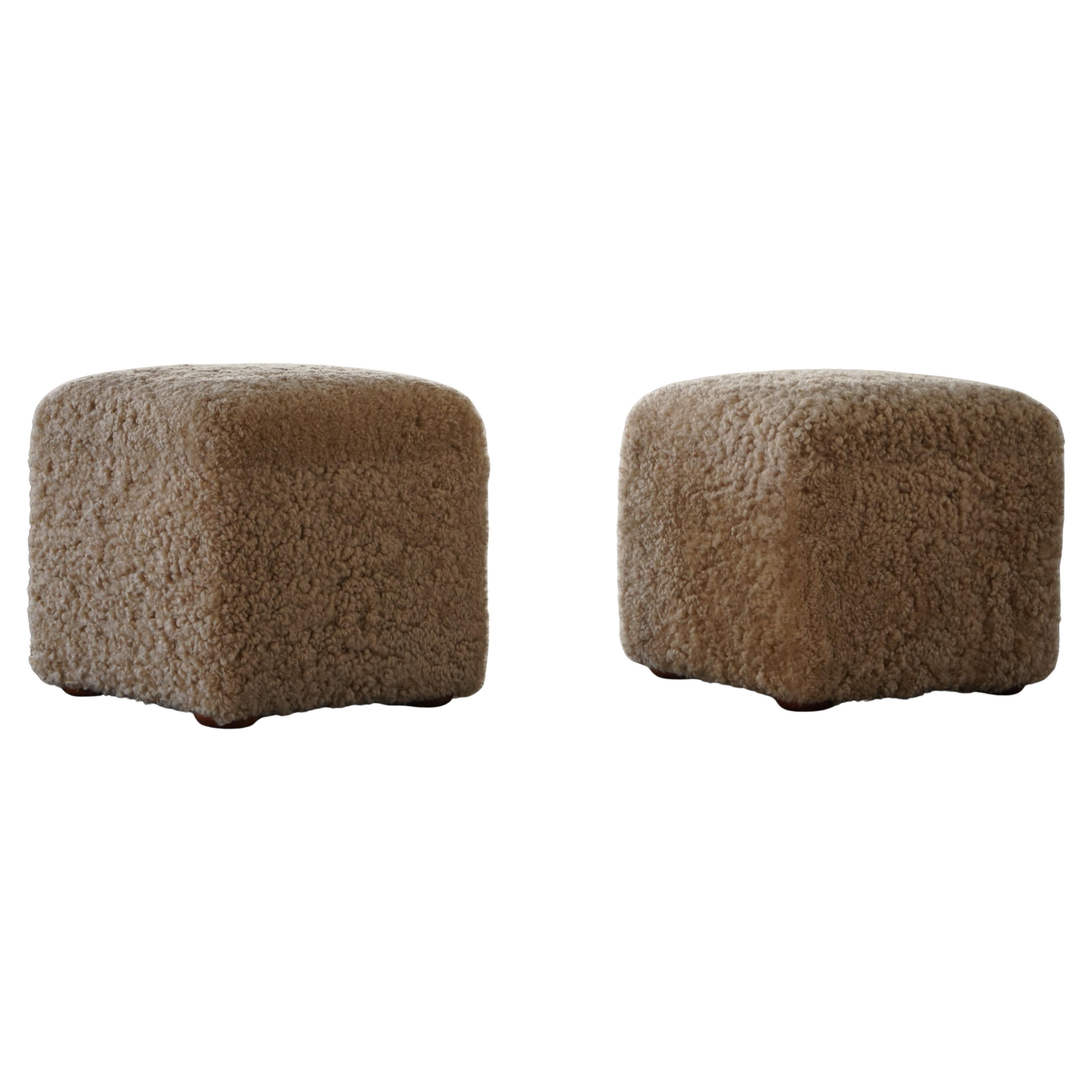 French Mid Century Modern, A Pair of Cube Poufs / Stools in Lambswool, 1960s