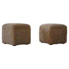 French Mid Century Modern, A Pair of Cube Poufs / Stools in Lambswool, 1960s