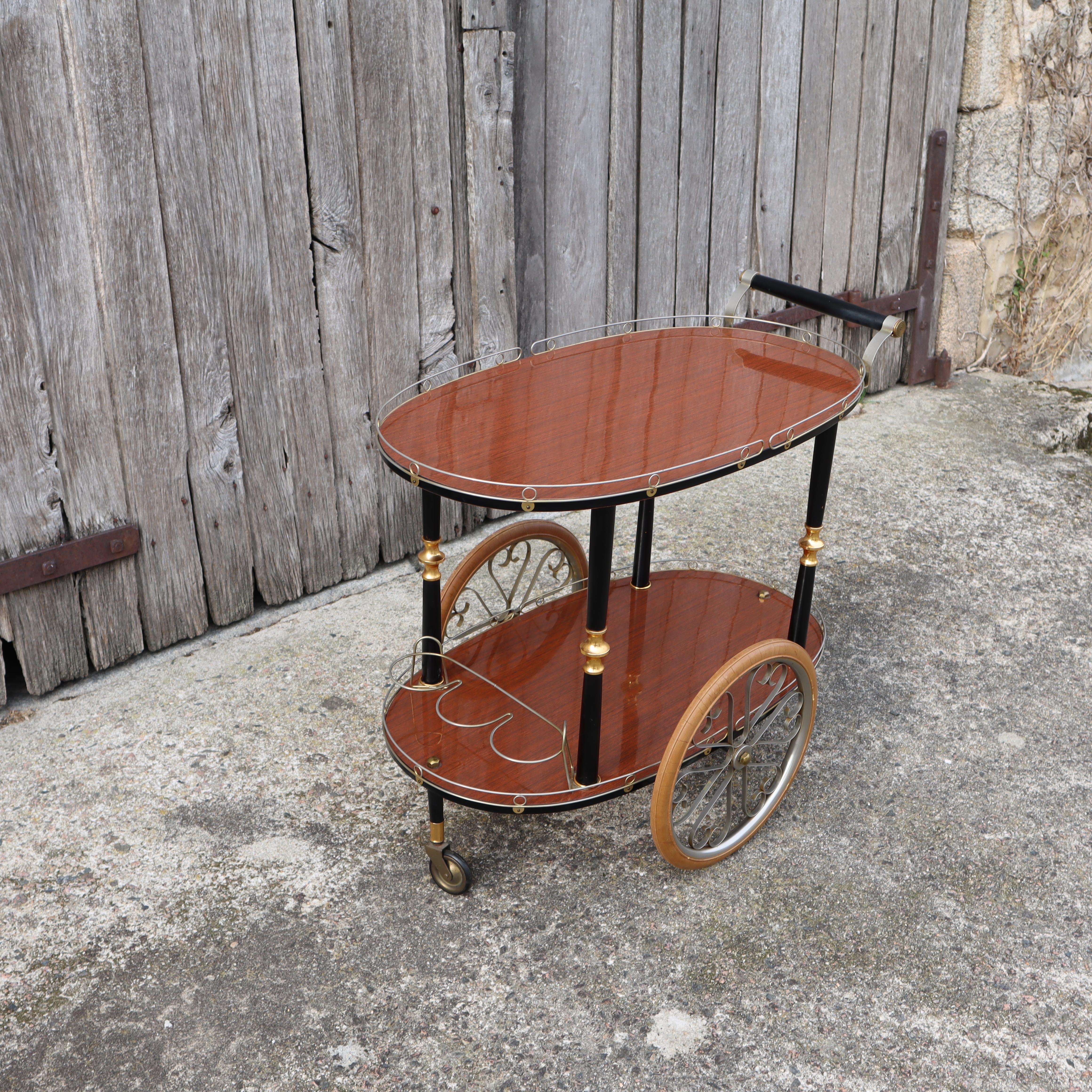 French Mid-Century Modern BarTrolley - Bar Cart Brass and Formica Wood-60s 1