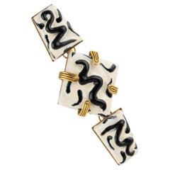 French Mid Century Modern Black and White Abstract Ceramic Brooch