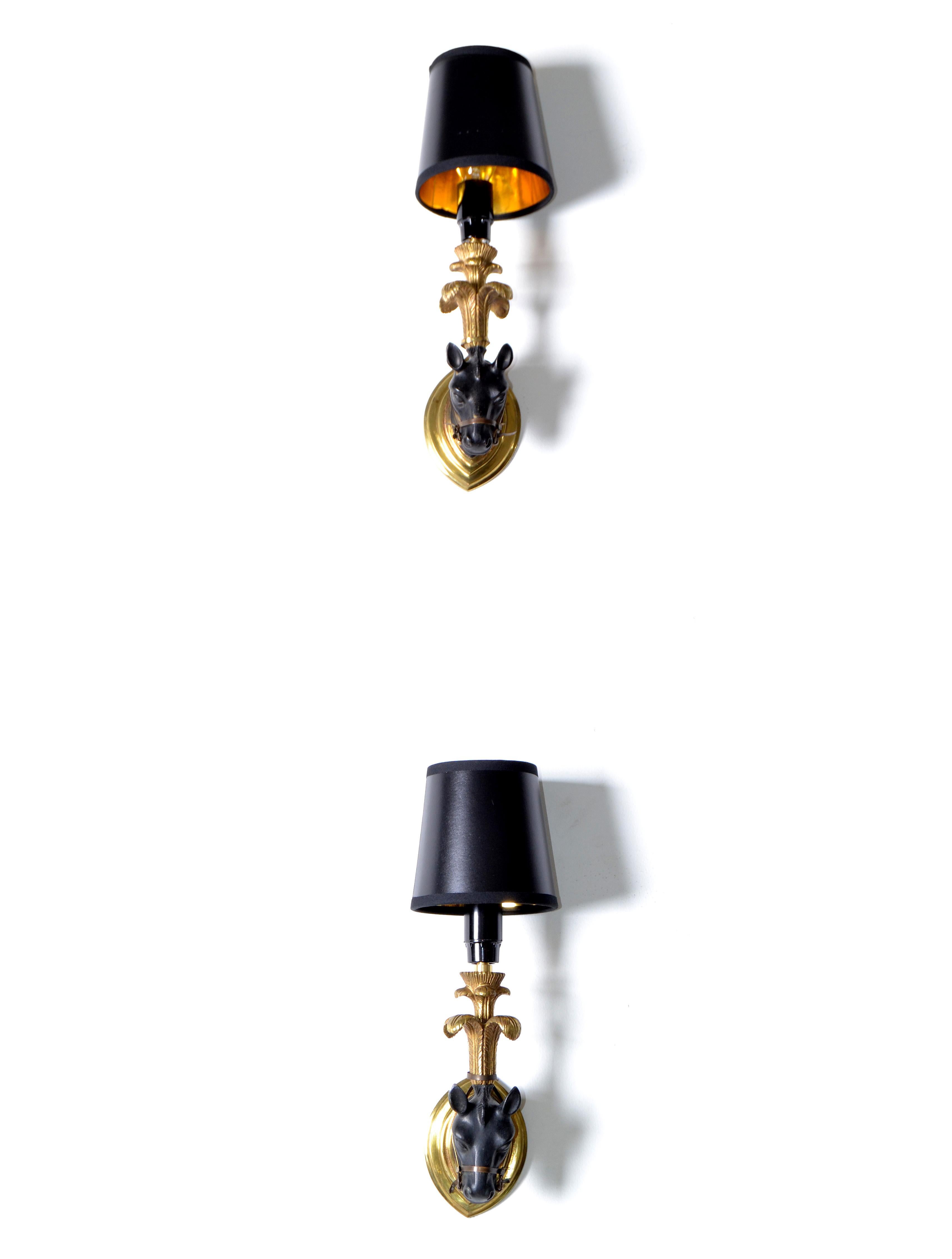 Enamel French Mid-Century Modern Black & Gold Bronze Horse Sconces, Wall Lights - Pair For Sale