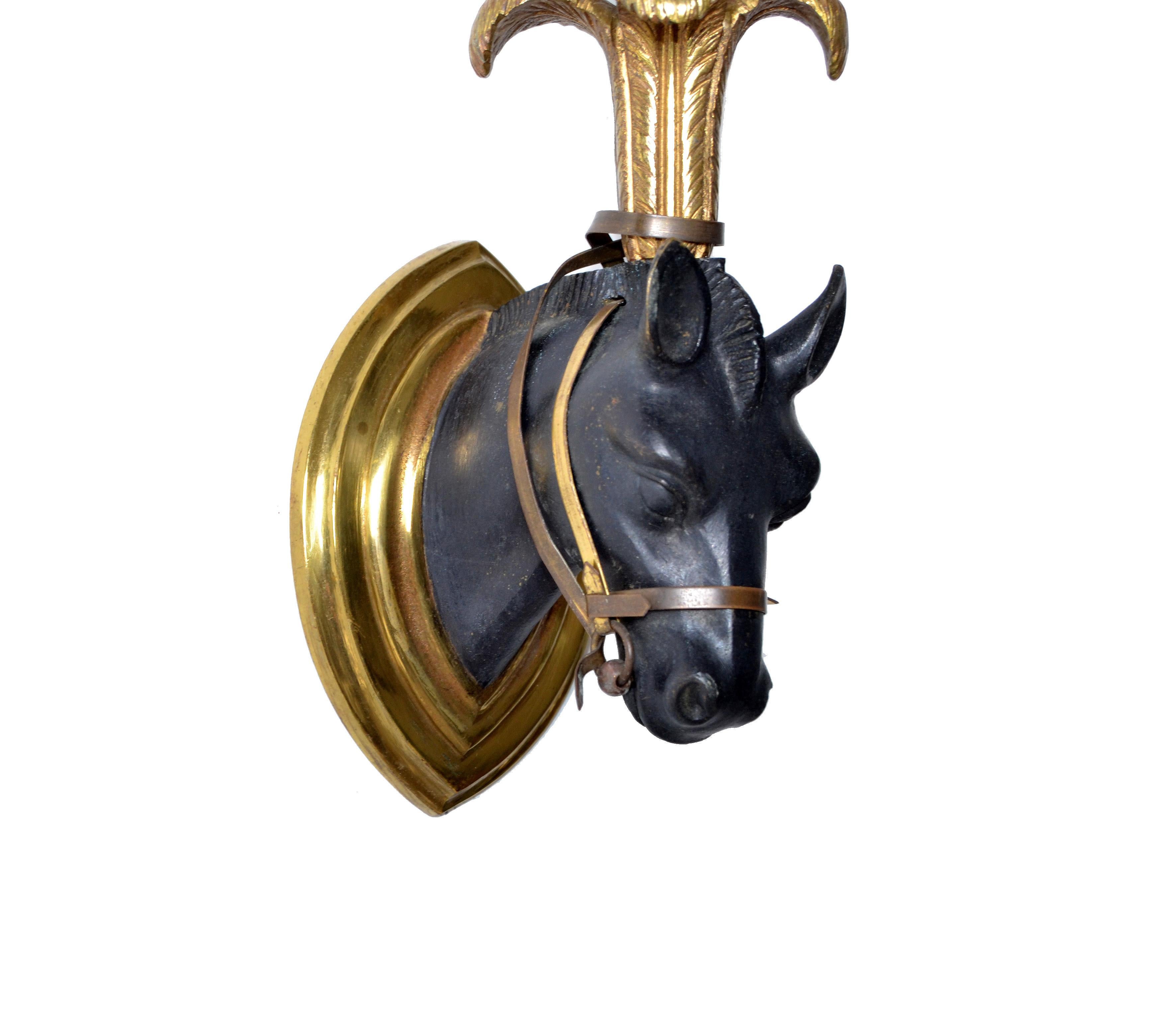 French Mid-Century Modern Black & Gold Bronze Horse Sconces, Wall Lights - Pair In Good Condition For Sale In Miami, FL