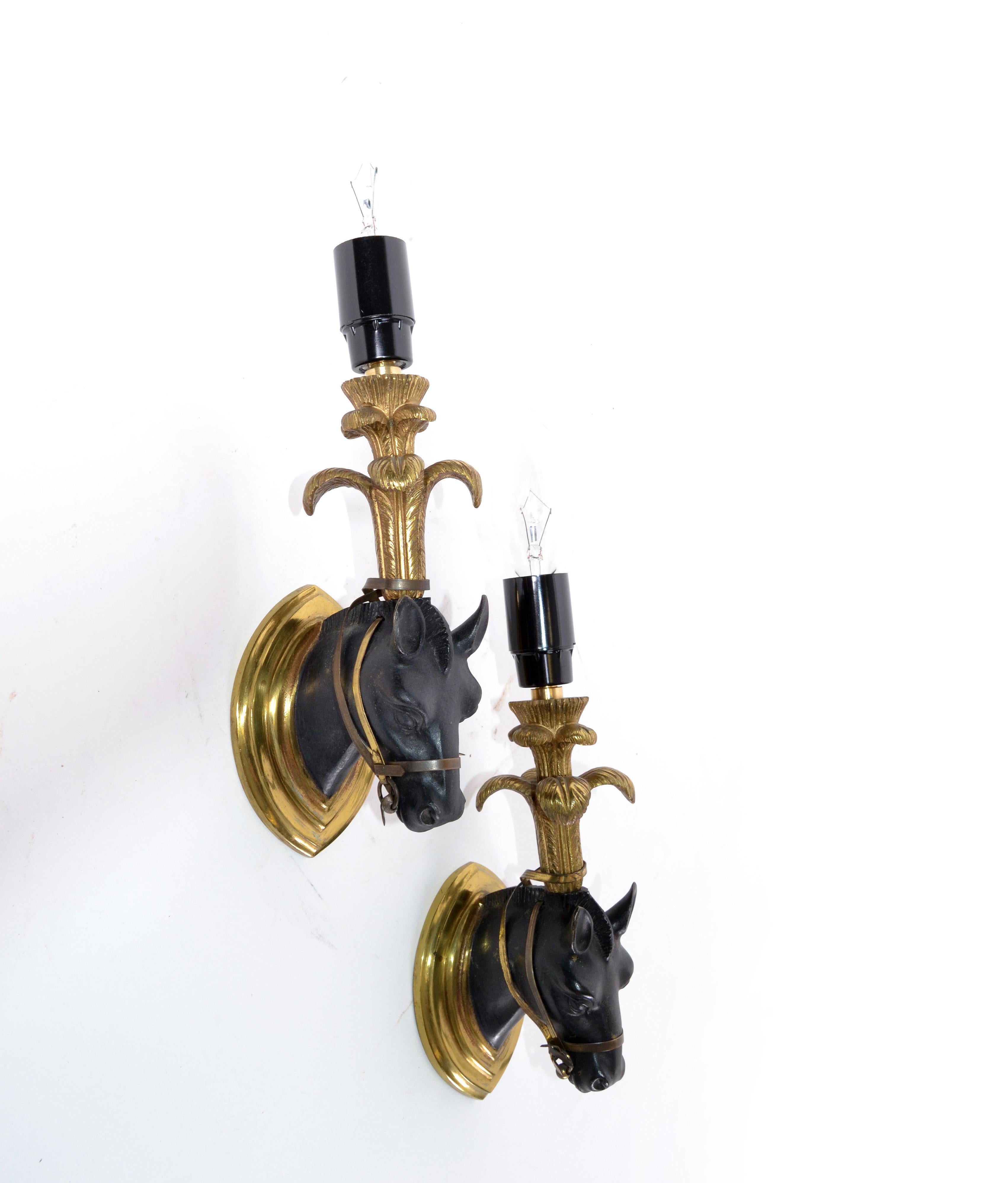 Mid-20th Century French Mid-Century Modern Black & Gold Bronze Horse Sconces, Wall Lights - Pair For Sale