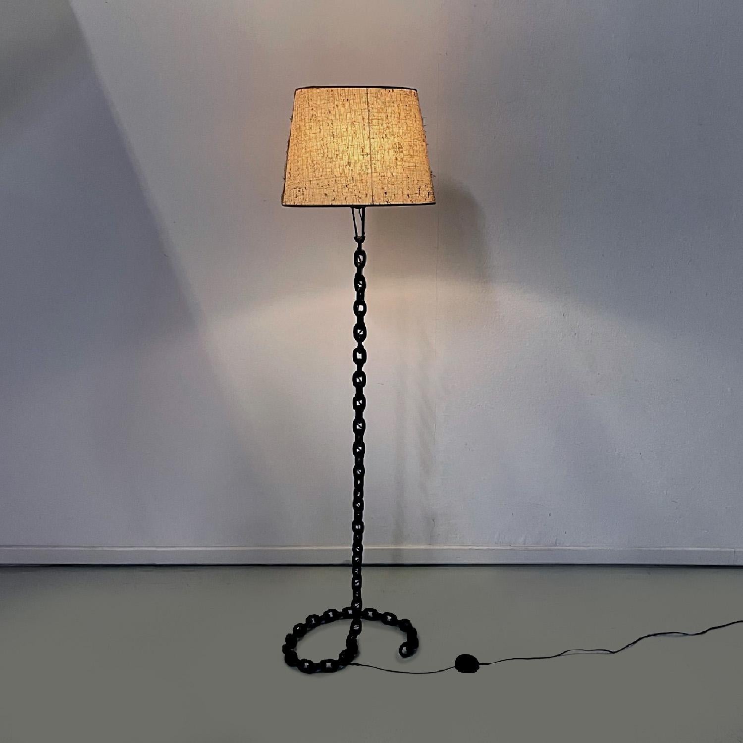 Mid-Century Modern French mid-century modern black metal and beige fabric chain floor lamp, 1950s