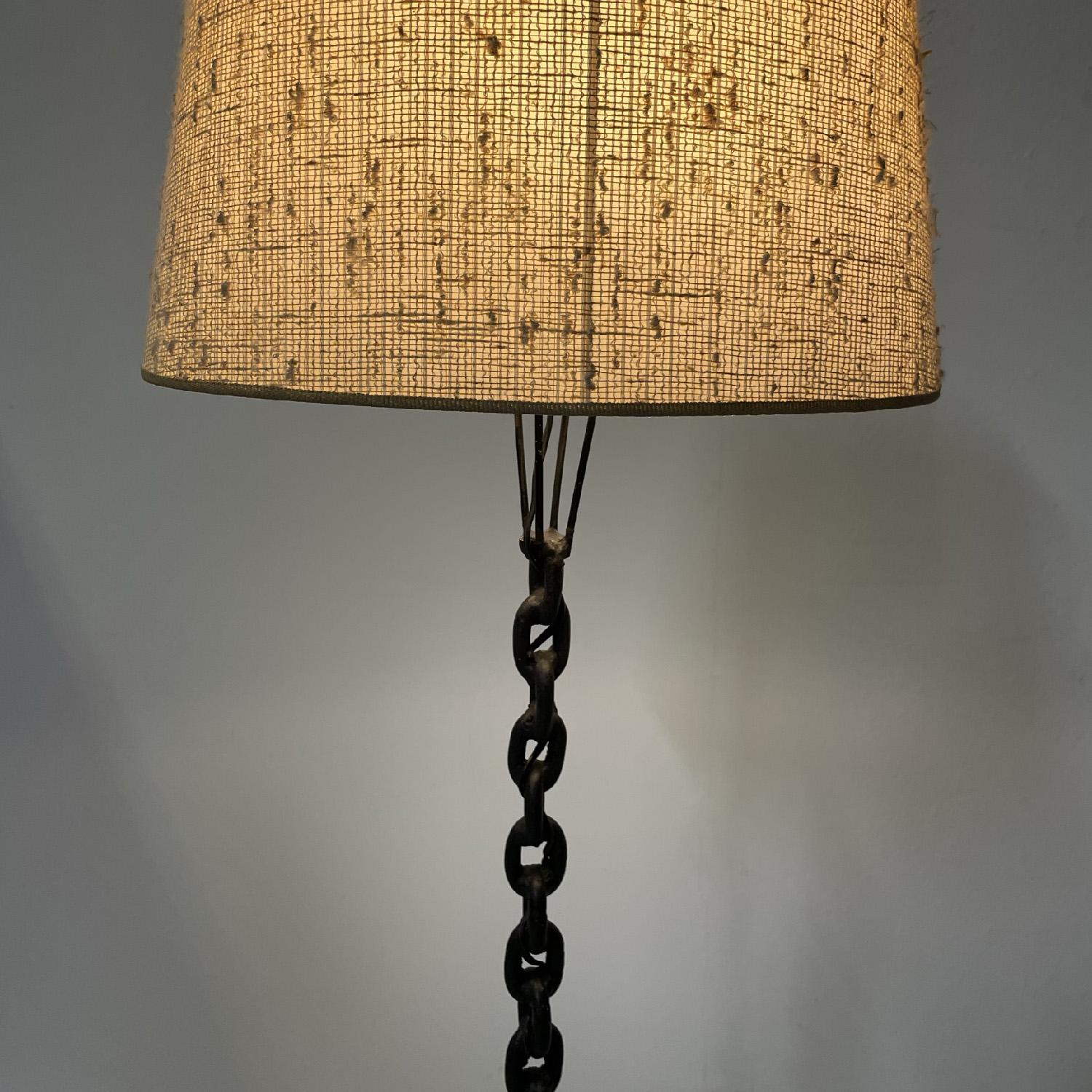 French mid-century modern black metal and beige fabric chain floor lamp, 1950s In Good Condition In MIlano, IT