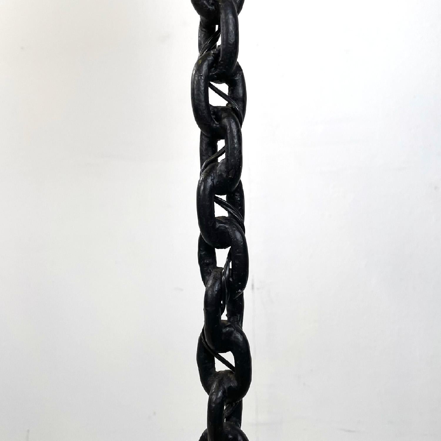 French mid-century modern black metal and beige fabric chain floor lamp, 1950s 1