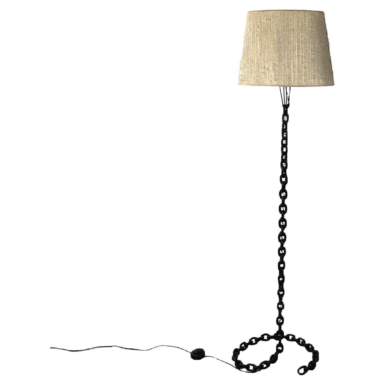 French mid-century modern black metal and beige fabric chain floor lamp, 1950s