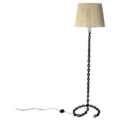 Vintage French mid-century modern black metal and beige fabric chain floor lamp, 1950s