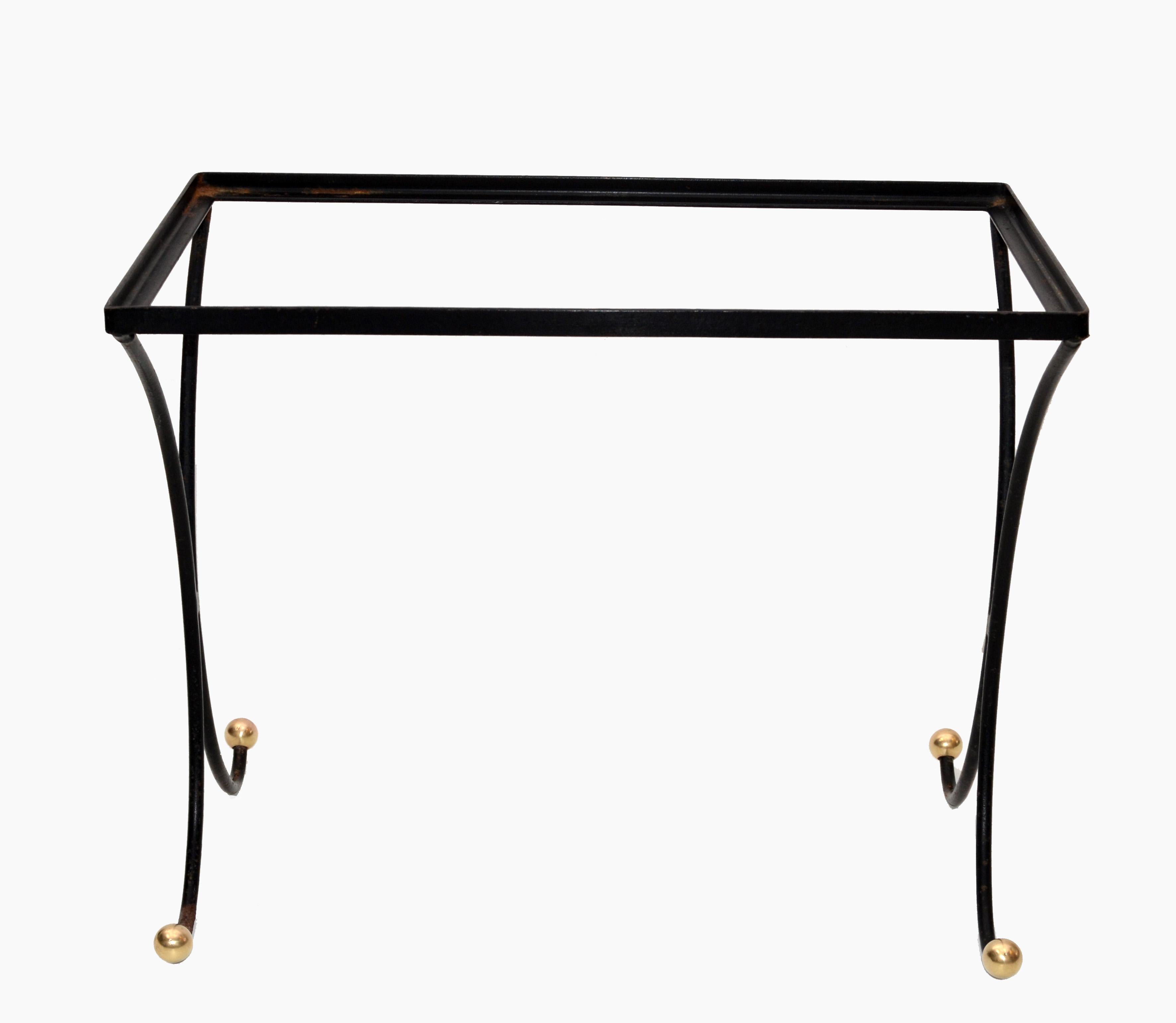 French Mid-Century Modern Black Wrought Iron & Brass Side Table Black Glass Top For Sale 2