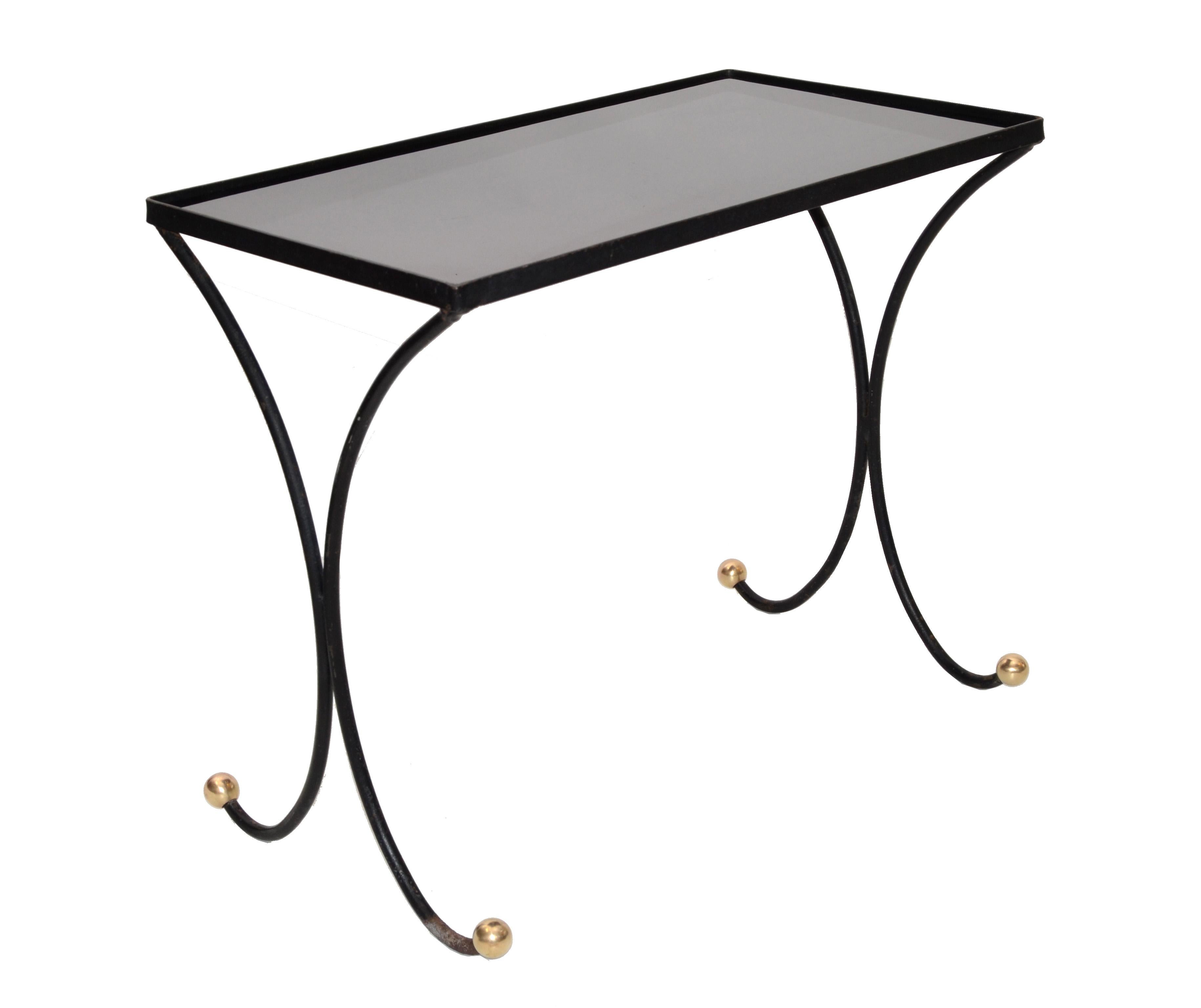 French Mid-Century Modern Black Wrought Iron & Brass Side Table Black Glass Top For Sale 5