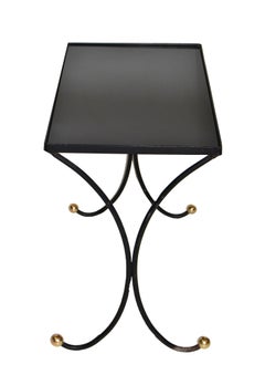 French Mid-Century Modern Black Wrought Iron & Brass Side Table Black Glass Top