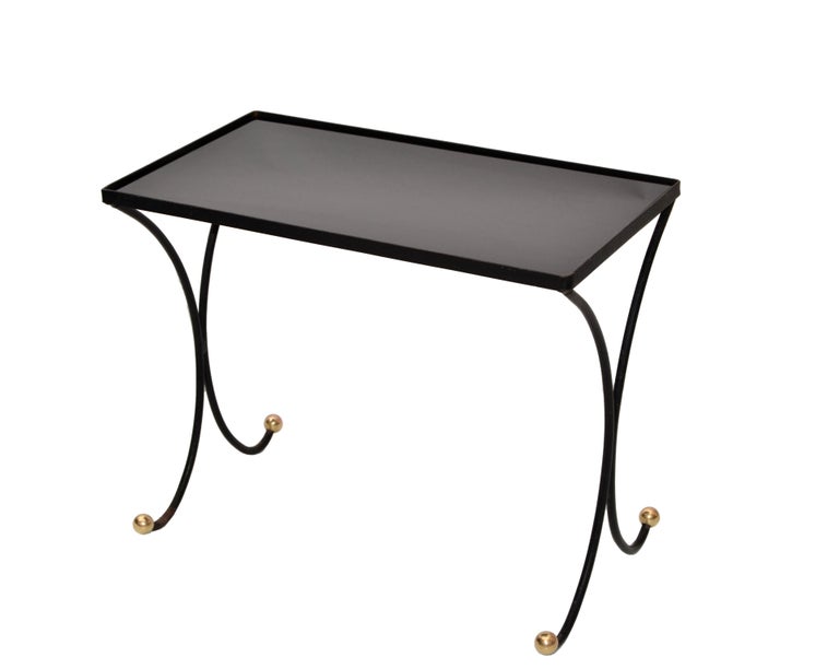 French MidCentury Modern Black Wrought Iron and Brass Side Table Black