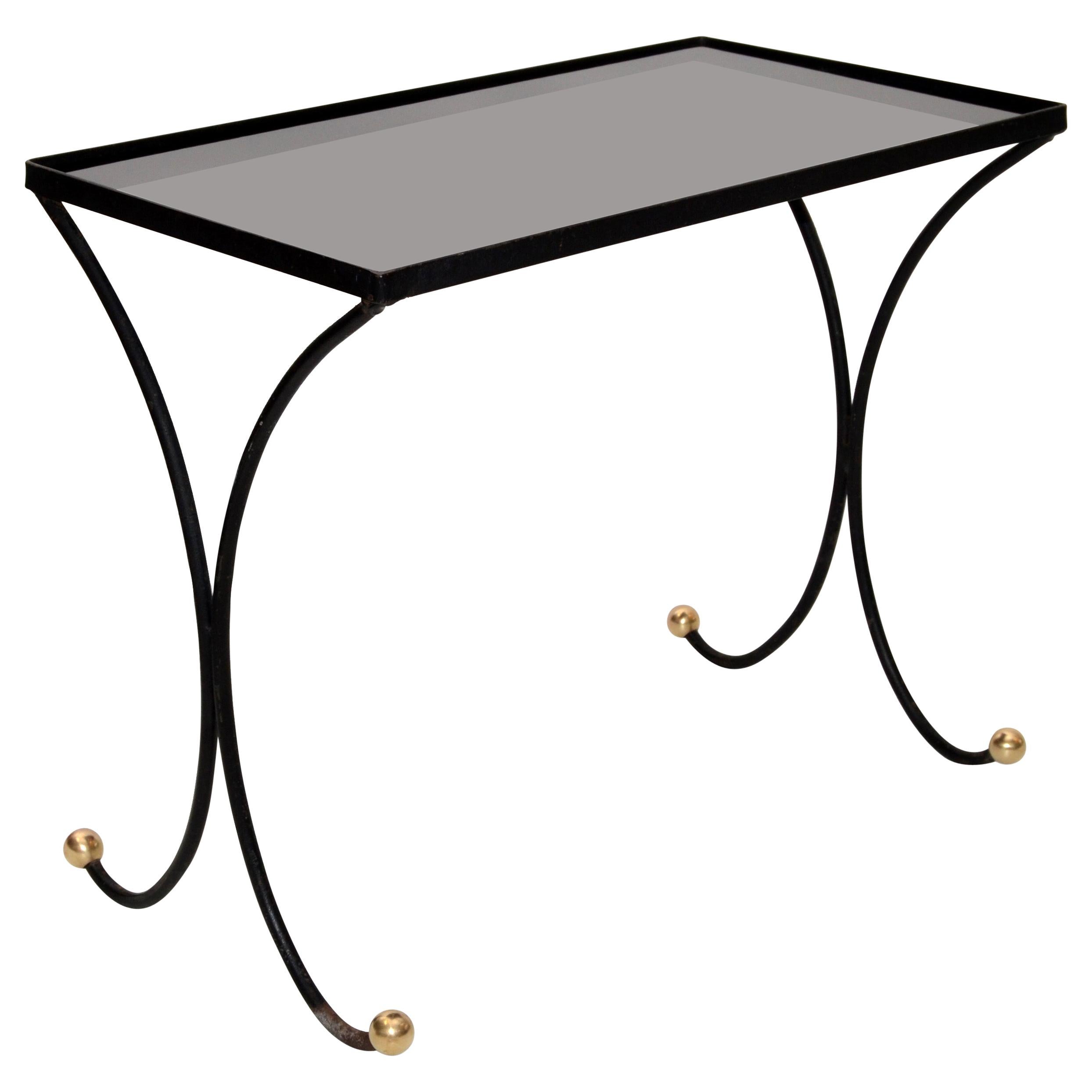 French Mid-Century Modern Black Wrought Iron & Brass Side Table Black Glass Top For Sale