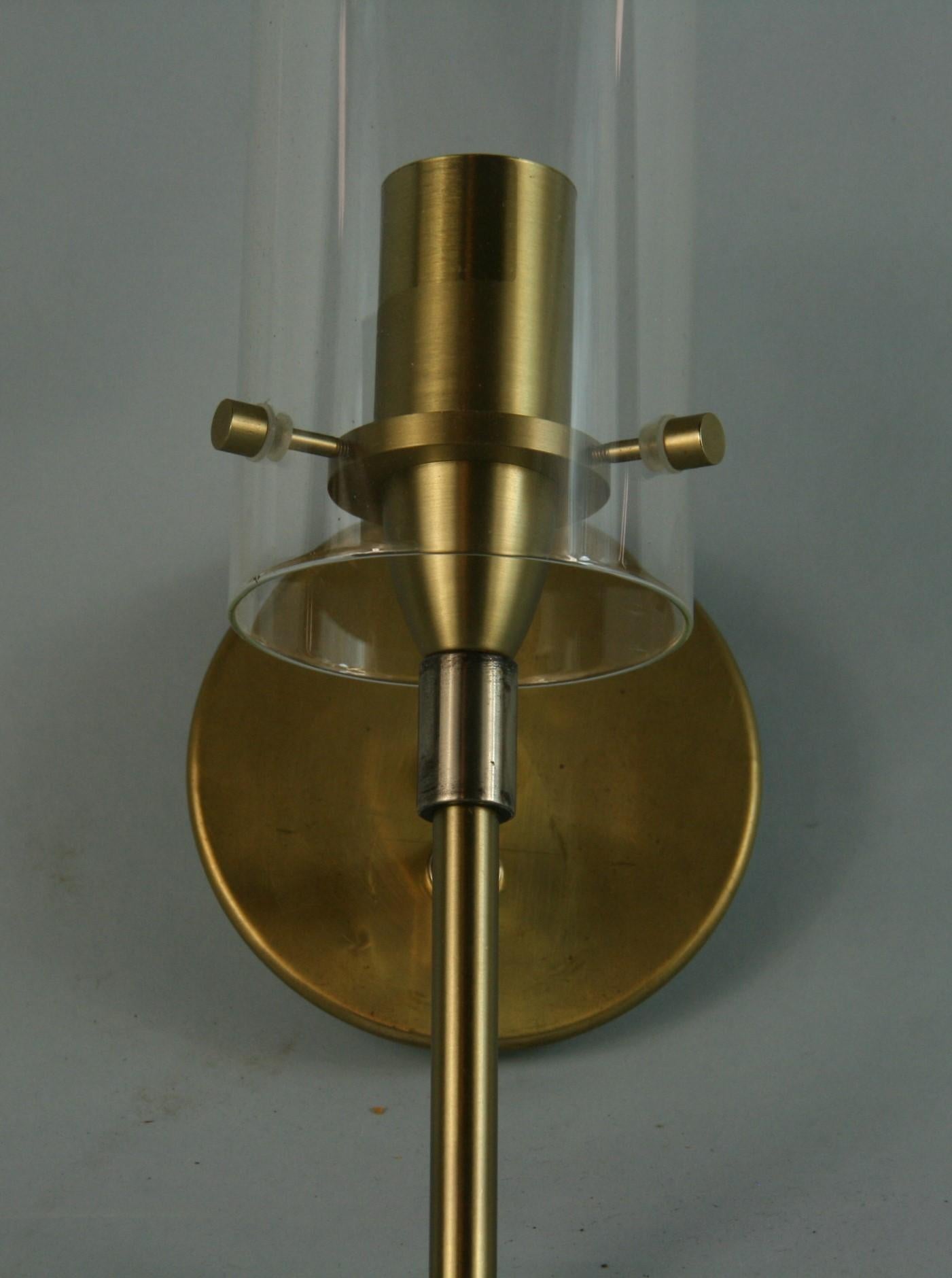 French Mid-Century Modern Brass and Glass Hurricane Sconces In Good Condition In Douglas Manor, NY