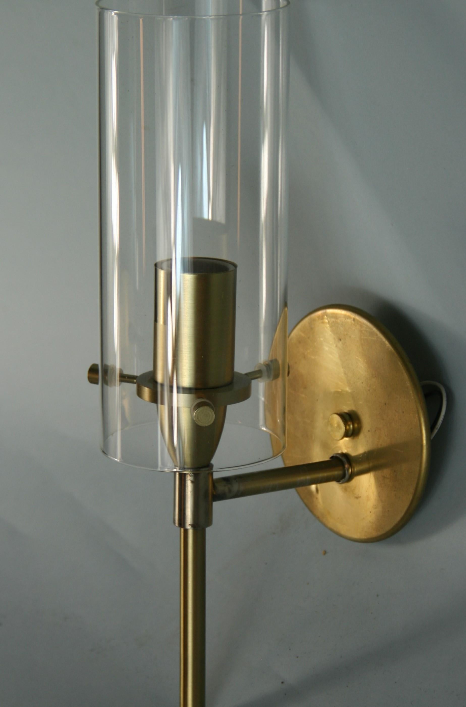 French Mid-Century Modern Brass and Glass Hurricane Sconces 1
