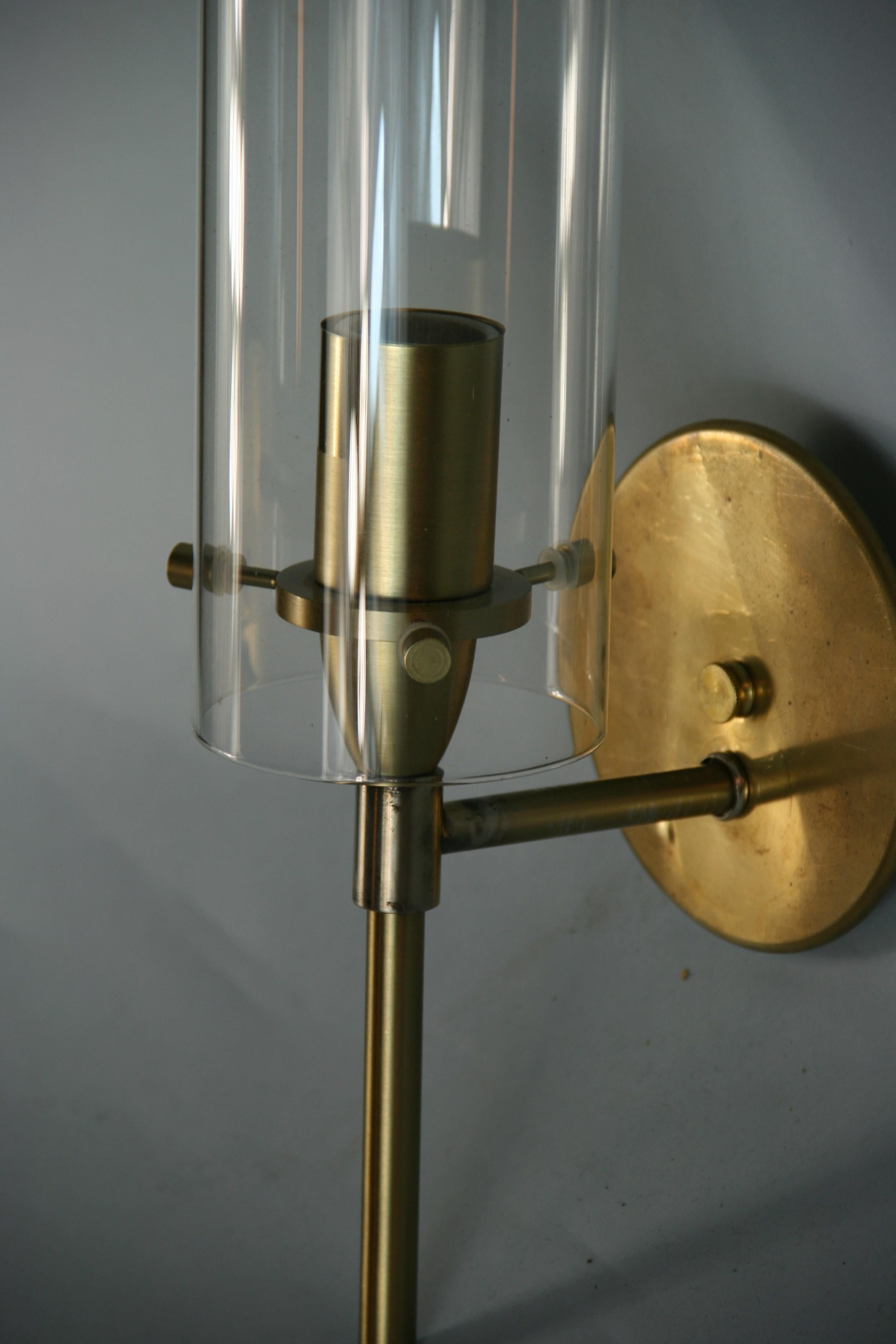 French Mid-Century Modern Brass and Glass Hurricane Sconces 2