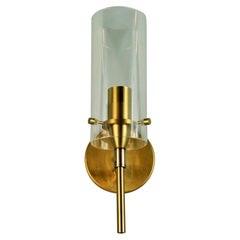 French Mid-Century Modern Brass and Glass Hurricane Sconces