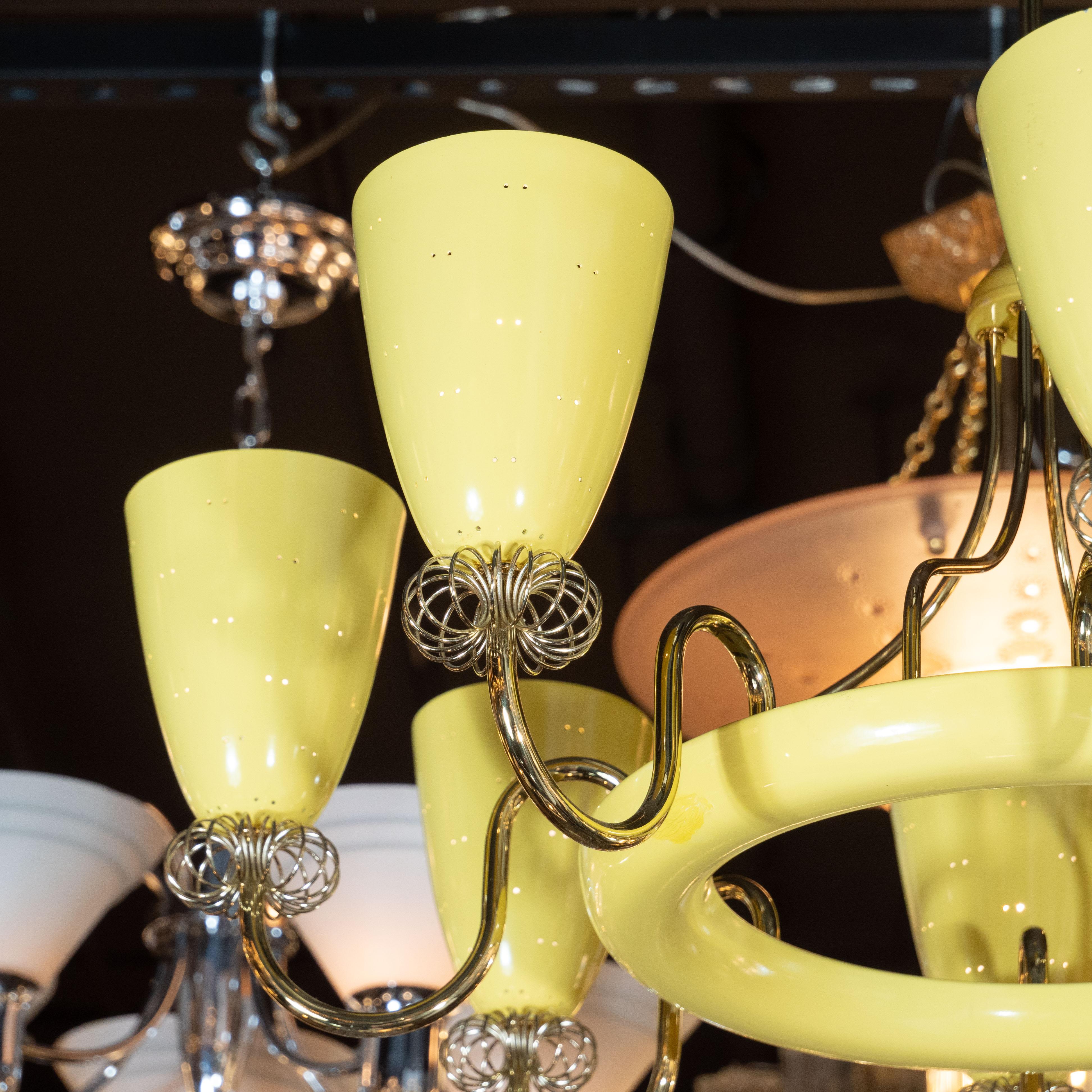 Mid-Century Modern Brass and Yellow Enamel Eight-Arm Chandelier by Paavo Tynell In Excellent Condition In New York, NY