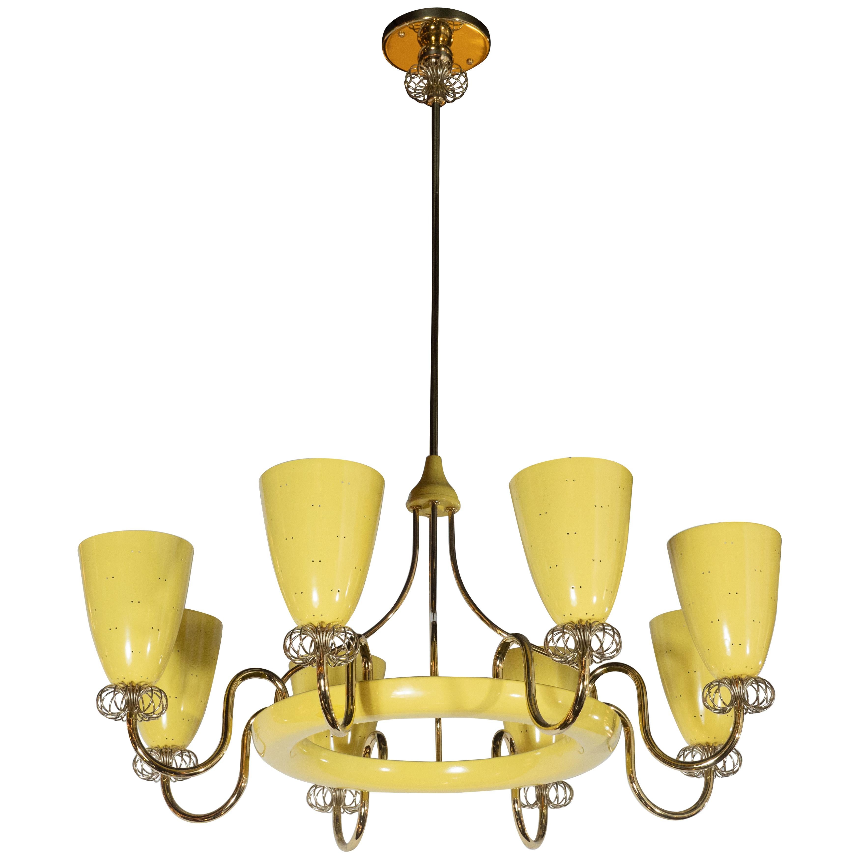 Mid-Century Modern Brass and Yellow Enamel Eight-Arm Chandelier by Paavo Tynell