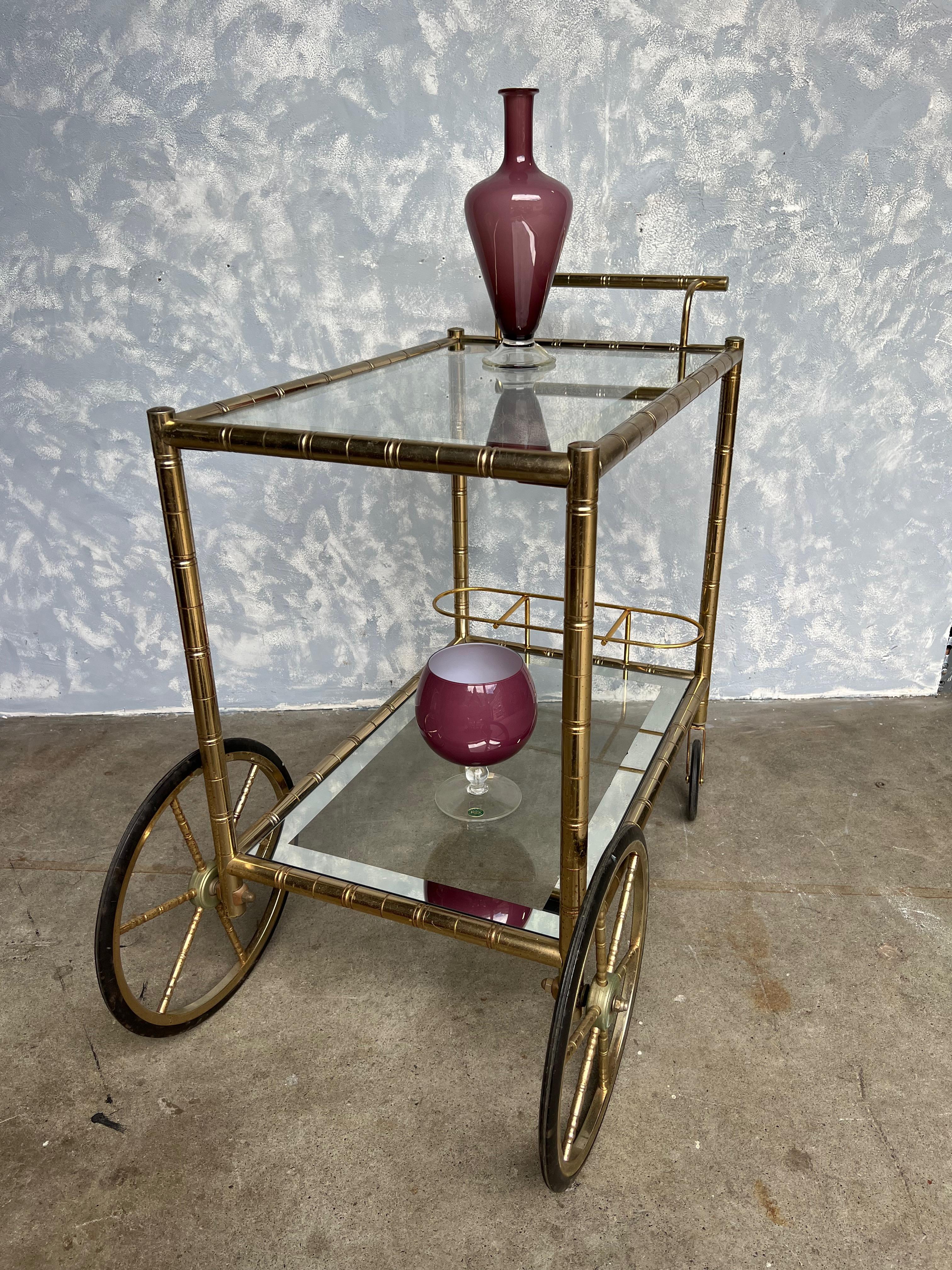 20th Century French Mid-Century Modern Brass Bar Cart For Sale