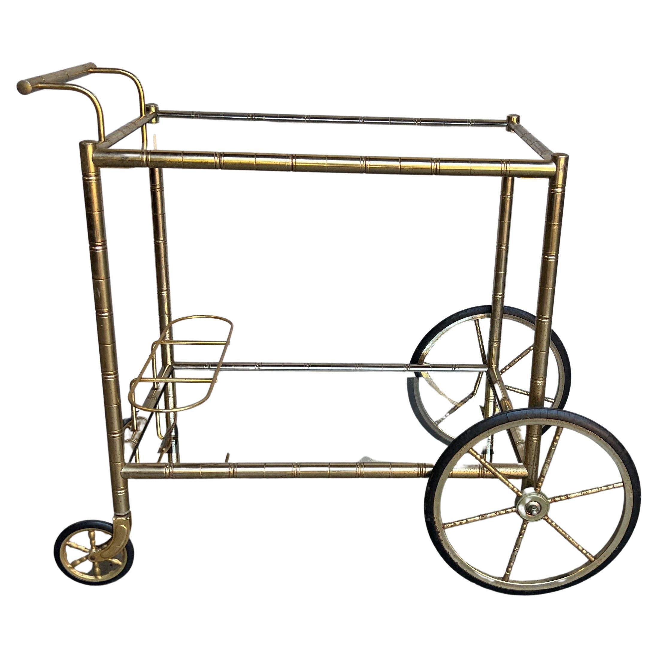 French Mid-Century Modern Brass Bar Cart For Sale