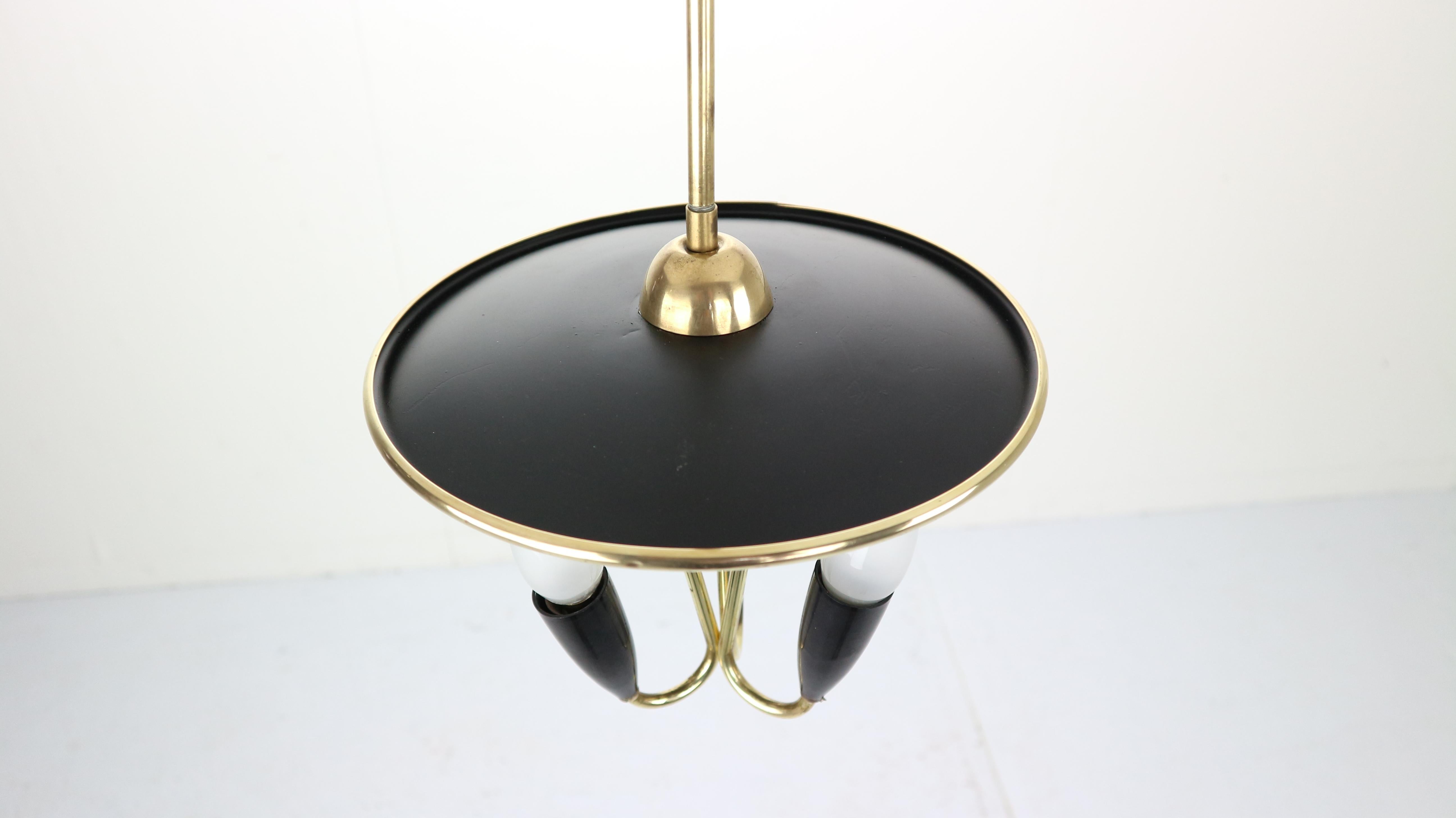 French Mid-Century Modern Brass and Black Metal Chandelier Lamp, 1950s 5
