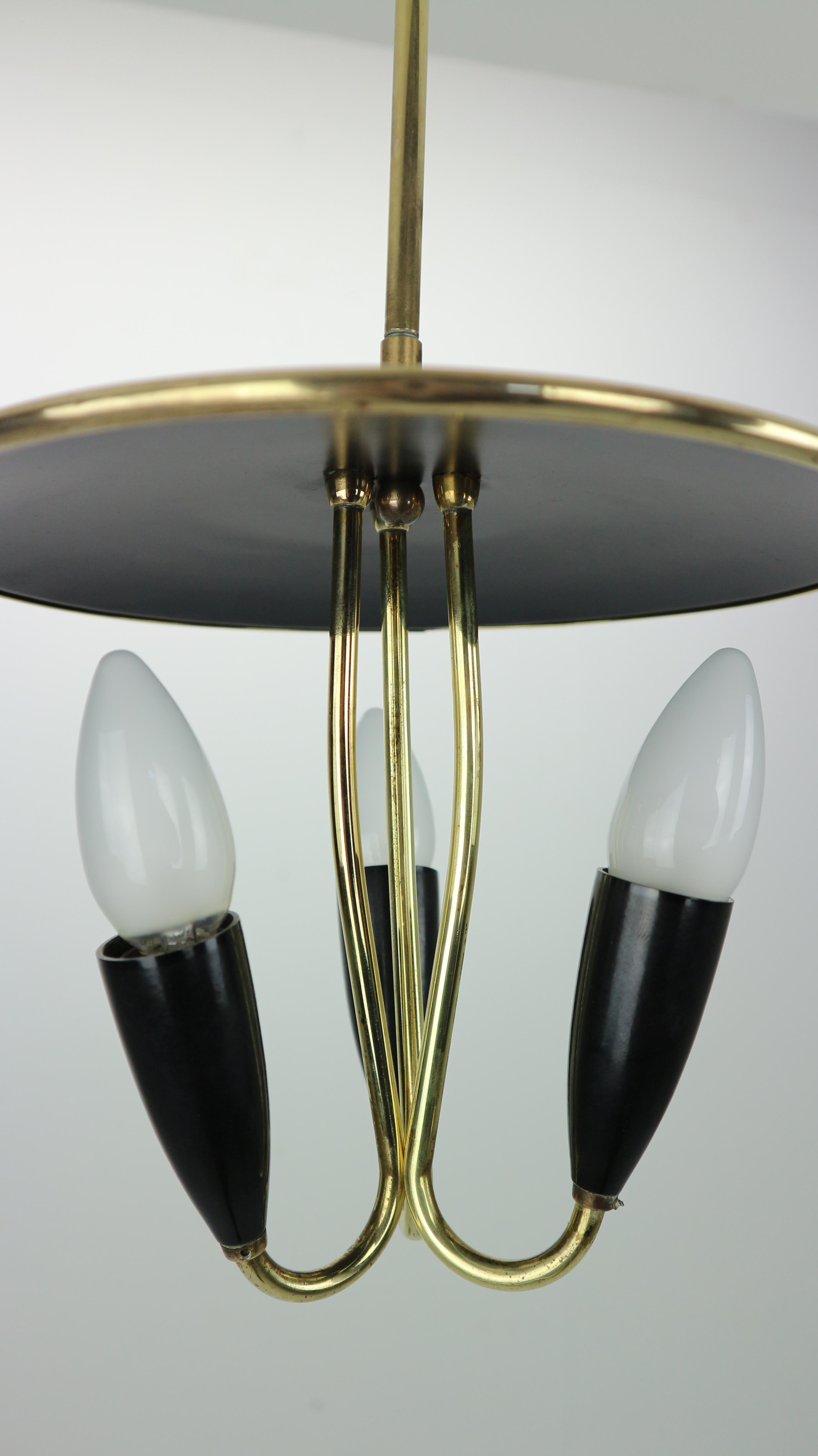 French Mid-Century Modern Brass and Black Metal Chandelier Lamp, 1950s 6