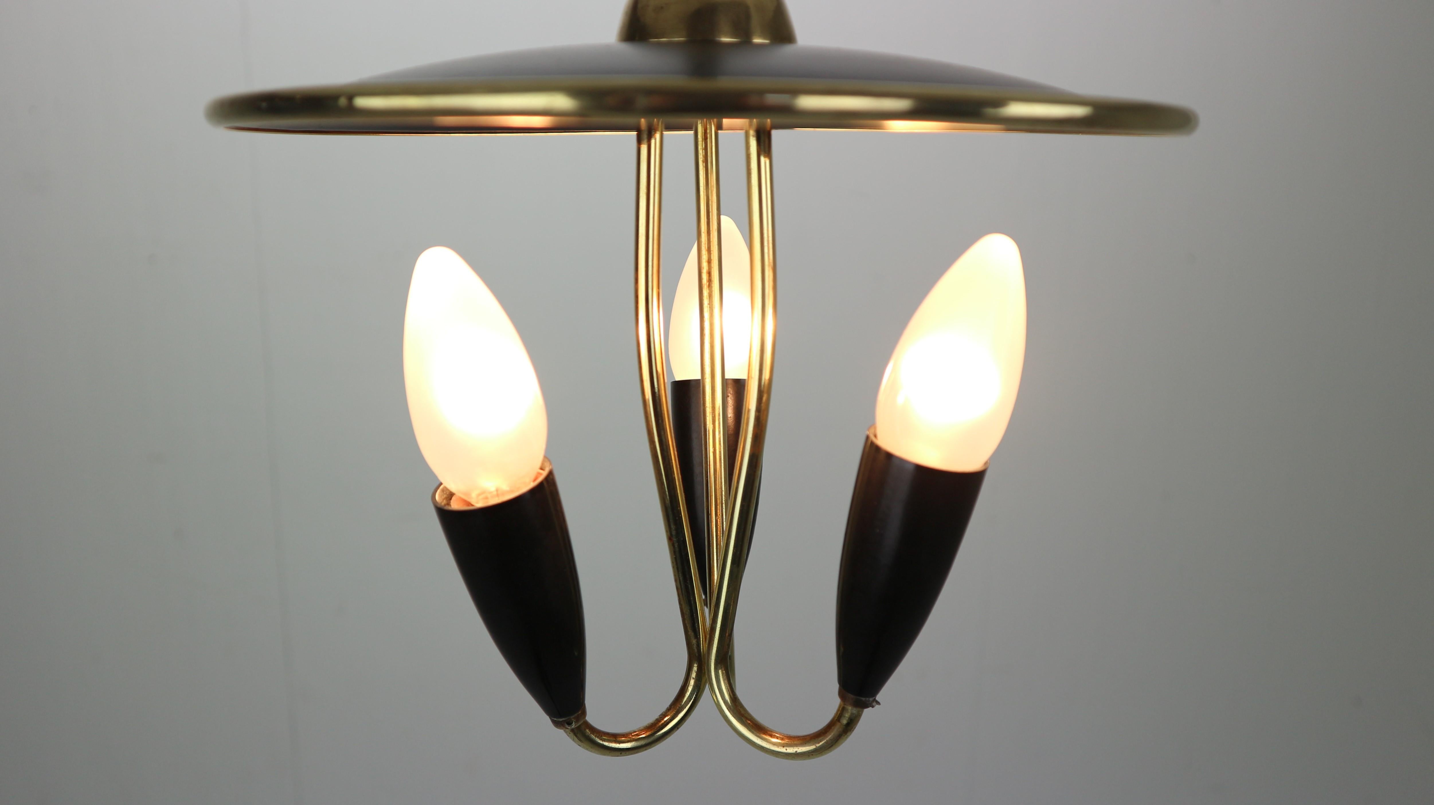 French Mid-Century Modern Brass and Black Metal Chandelier Lamp, 1950s 8