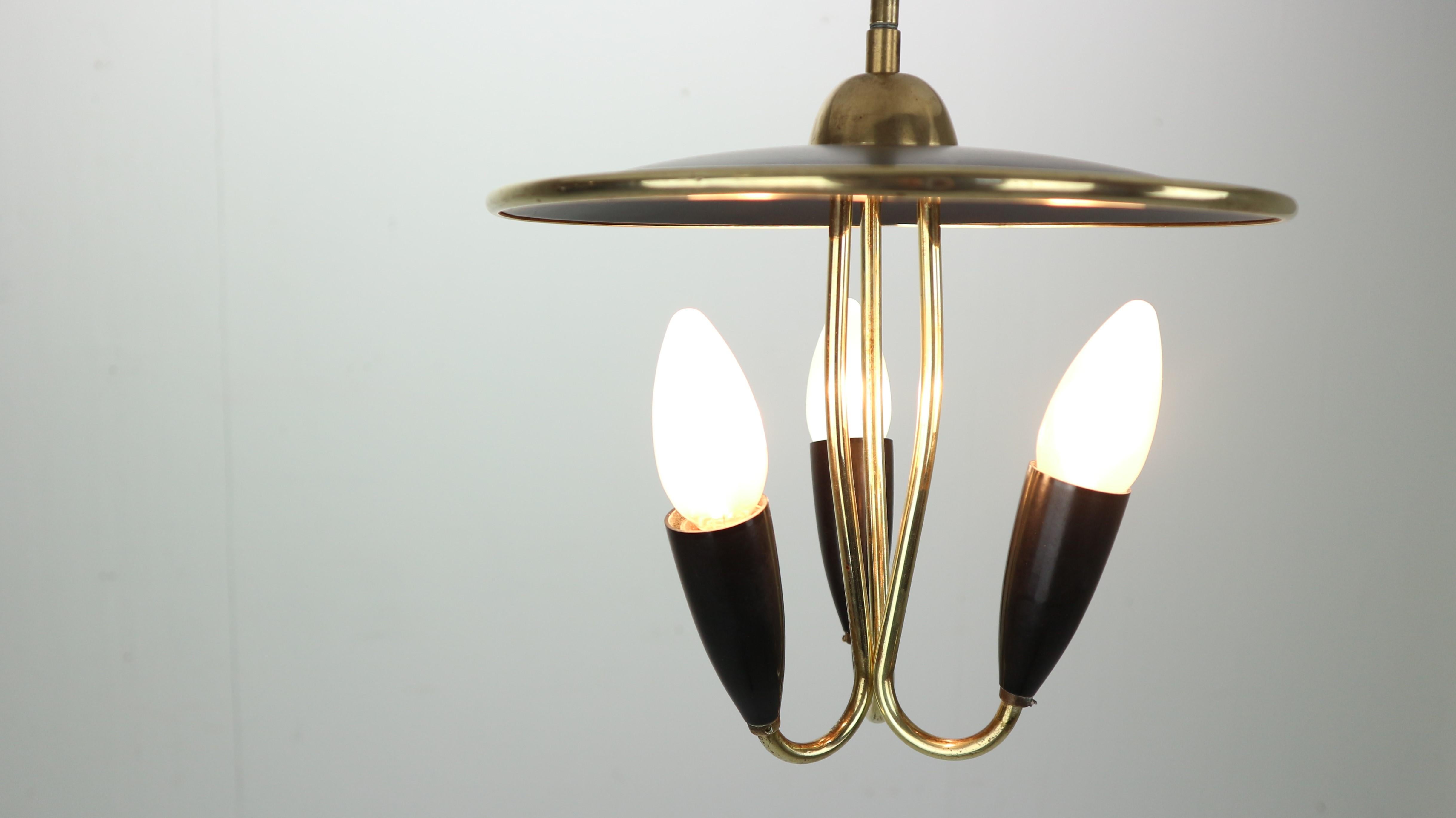 French Mid-Century Modern Brass and Black Metal Chandelier Lamp, 1950s 9