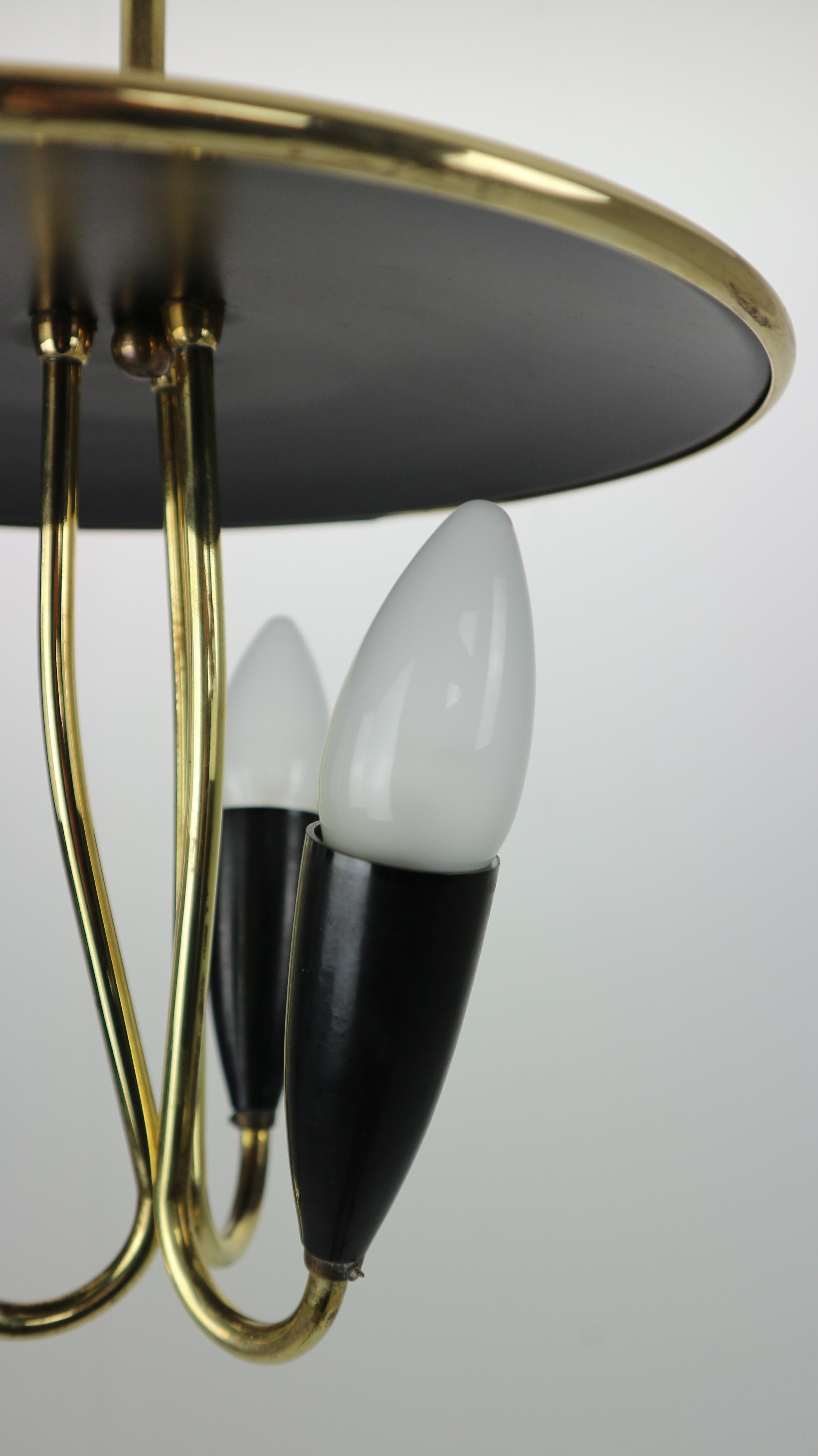 French Mid-Century Modern Brass and Black Metal Chandelier Lamp, 1950s 10