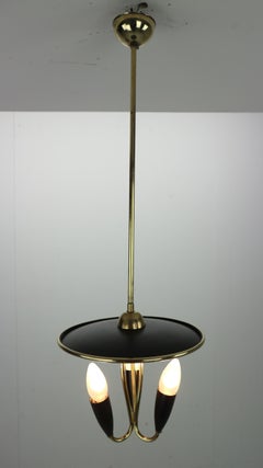 French Mid-Century Modern Brass and Black Metal Chandelier Lamp, 1950s