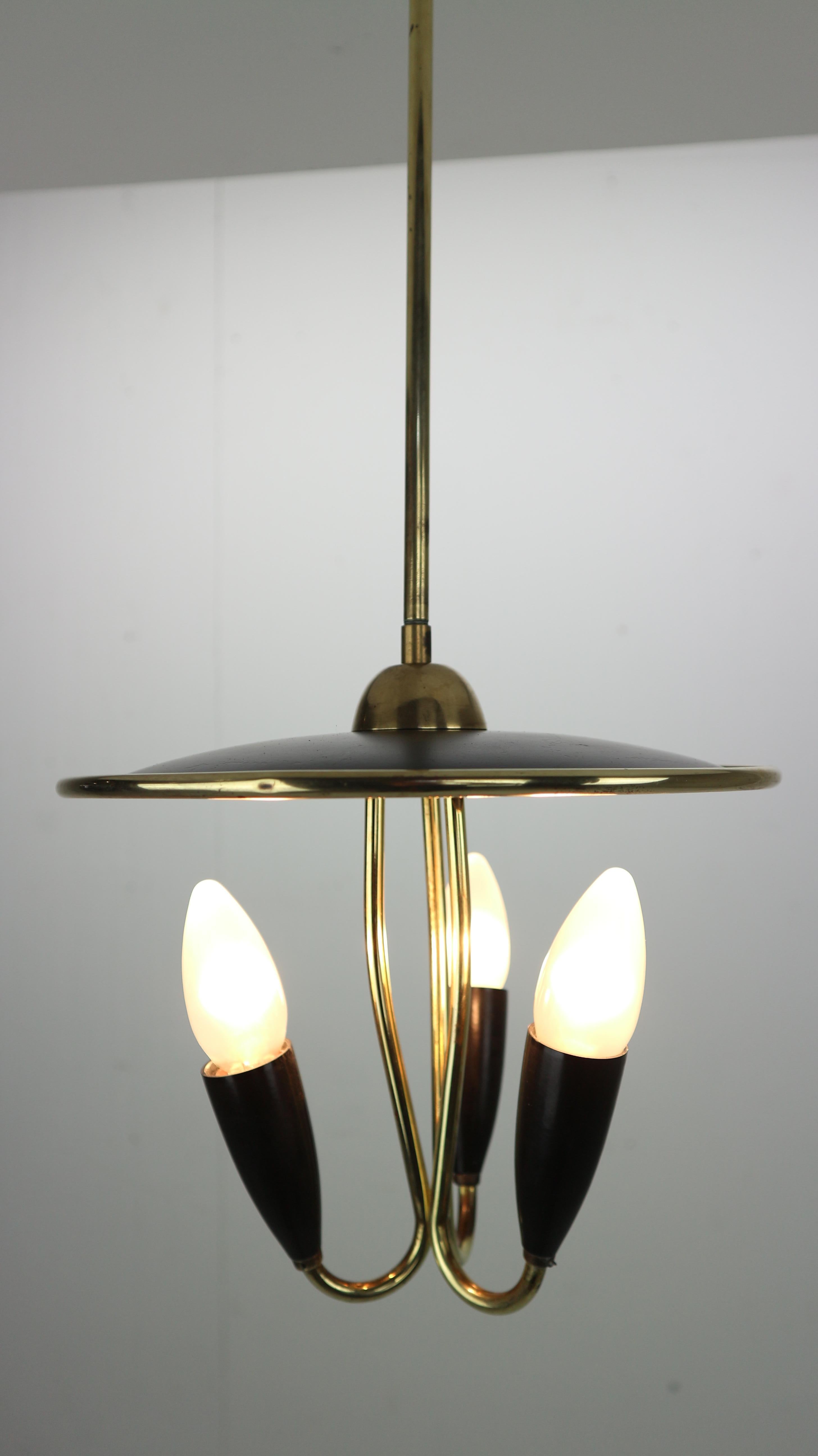 Mid-20th Century French Mid-Century Modern Brass and Black Metal Chandelier Lamp, 1950s