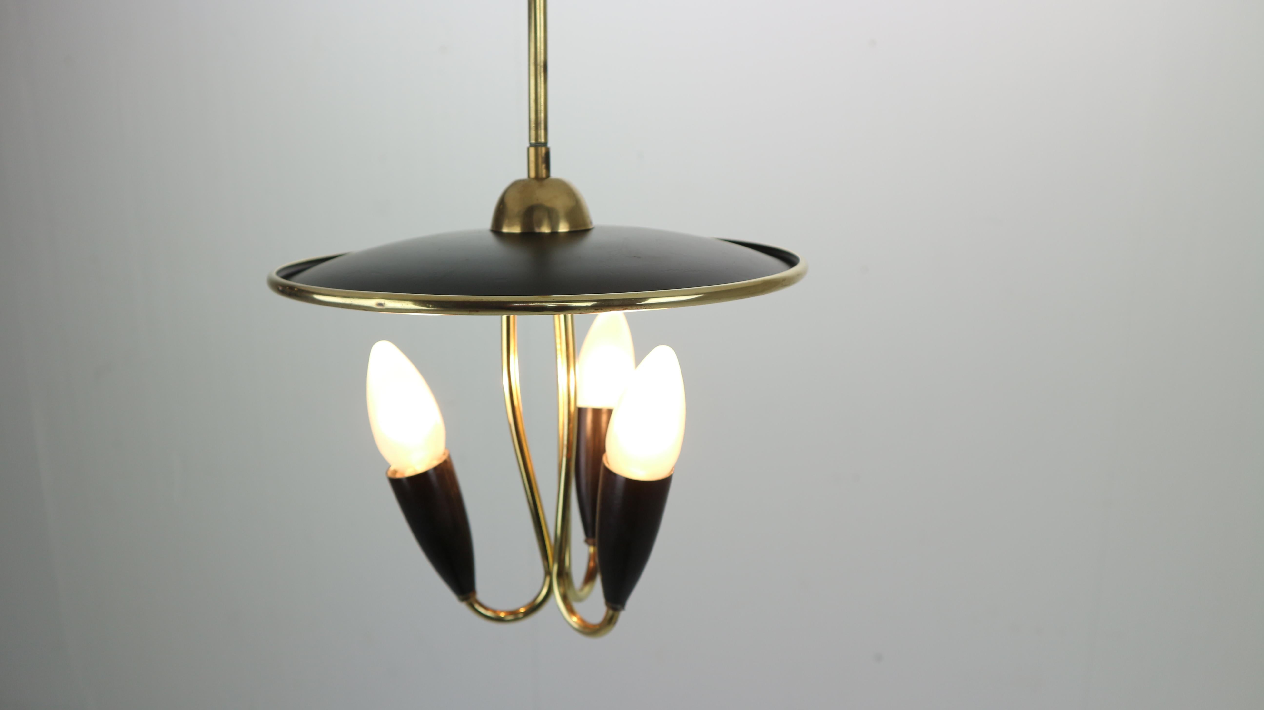 French Mid-Century Modern Brass and Black Metal Chandelier Lamp, 1950s 1